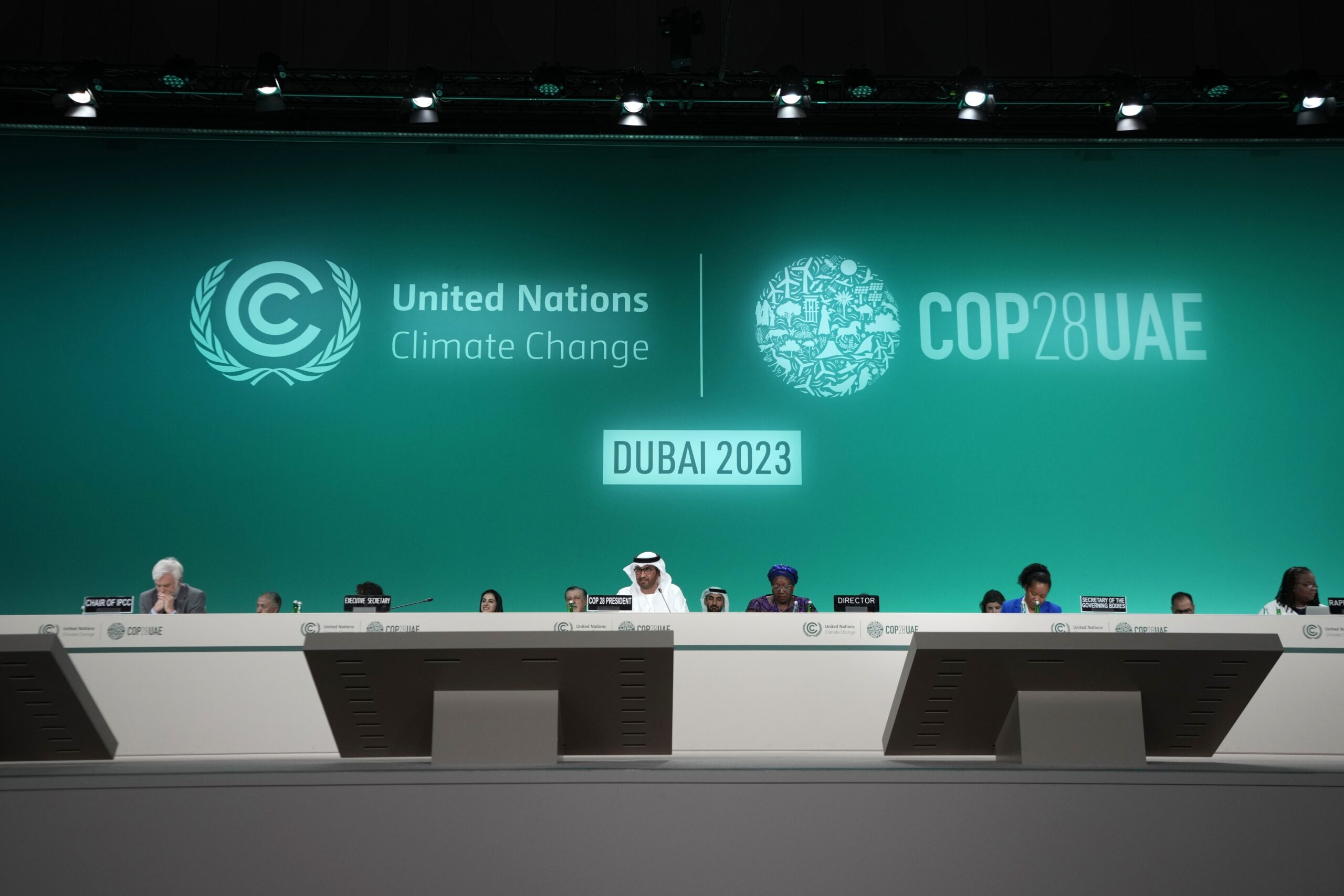 COP28 President Sultan Ahmed Al Jaber, center, attends the opening session at the COP28 U.N. climate summit, Nov. 30, Dubai, United Arab Emirates. (AP Photo/Peter Dejong)