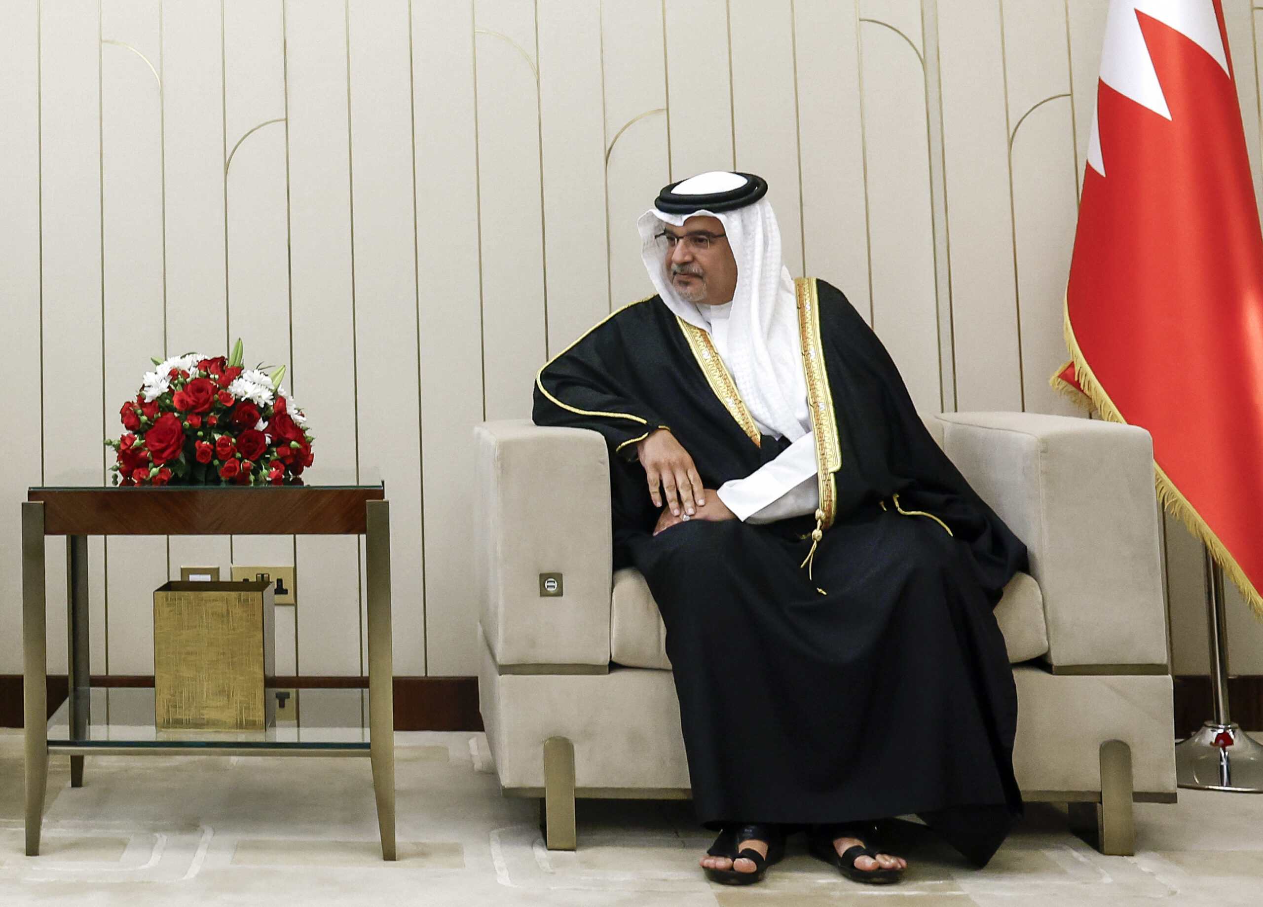 Bahraini Crown Prince and Prime Minister Salman bin Hamad al-Khalifa looks on as he meets with U.S. Secretary of State Antony Blinken in Manama, Bahrain, March 16. (Evelyn Hockstein/Pool Photo via AP)
