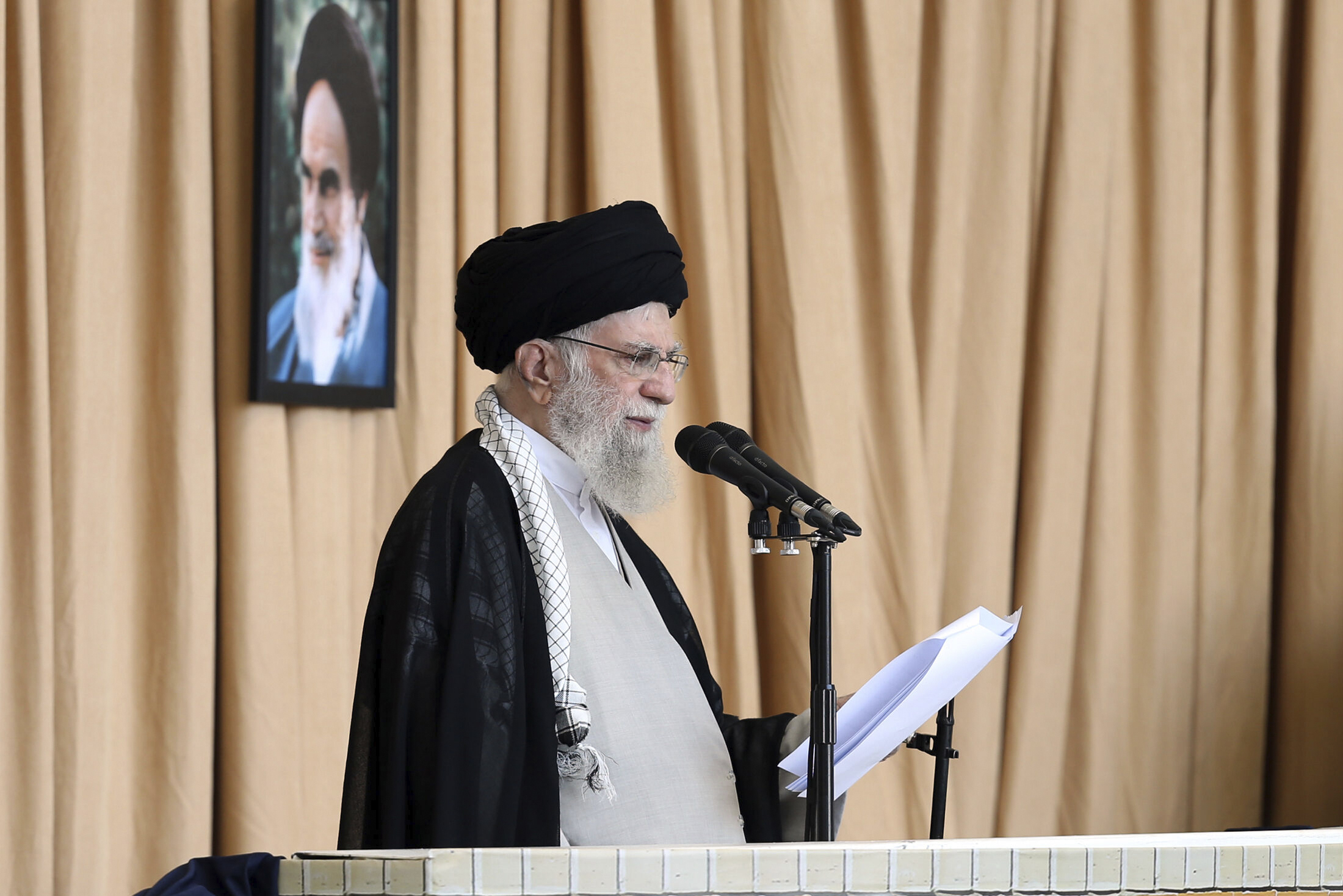 Iranian Supreme Leader Ayatollah Ali Khamenei delivers his sermon during Friday prayers at Imam Khomeini grand mosque, in Tehran, Iran, Friday, Oct. 4. (Office of the Iranian Supreme Leader via AP)