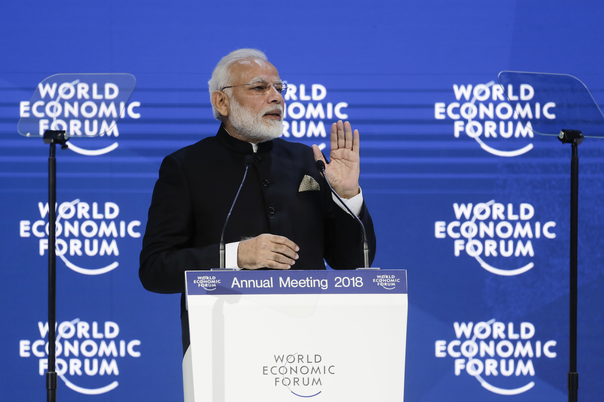 Indian Prime Minster Narendra Modi delivers a speech at the World Economic Forum in Davos, Switzerland, Jan. 23, 2018. (AP Photo/Markus Schreiber)