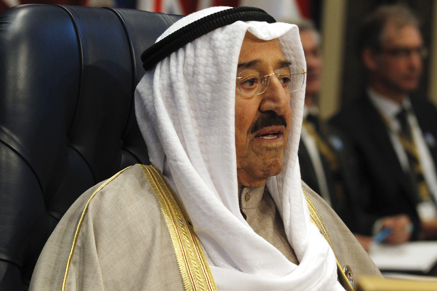Kuwait's Emir Sabah al-Ahmed al-Sabah prepares for a donor's summit at Bayan Palace in Kuwait City, Kuwait, Feb. 14, 2018. (AP Photo/Jon Gambrell)