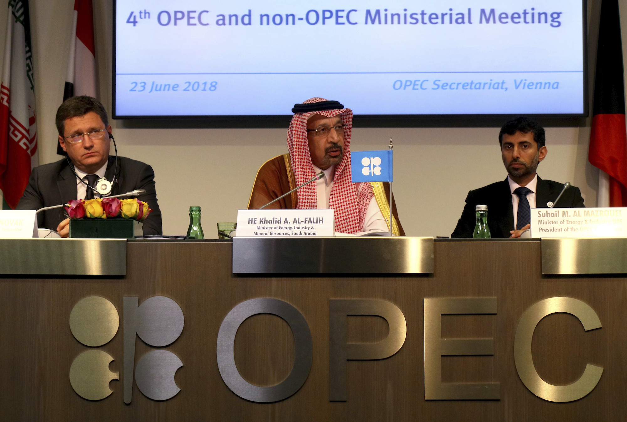 Russian Minister of Energy Alexander Novak, Saudi Minister of Energy, Industry and Mineral Resources Khalid Al-Falih, UAE Minister of Energy Suhail Mohamed Al Mazrouei, from left, attend a news conference after a meeting of OPEC and non-OPEC members at their headquarters in Vienna, Austria, June 23. (AP Photo/Ronald Zak)