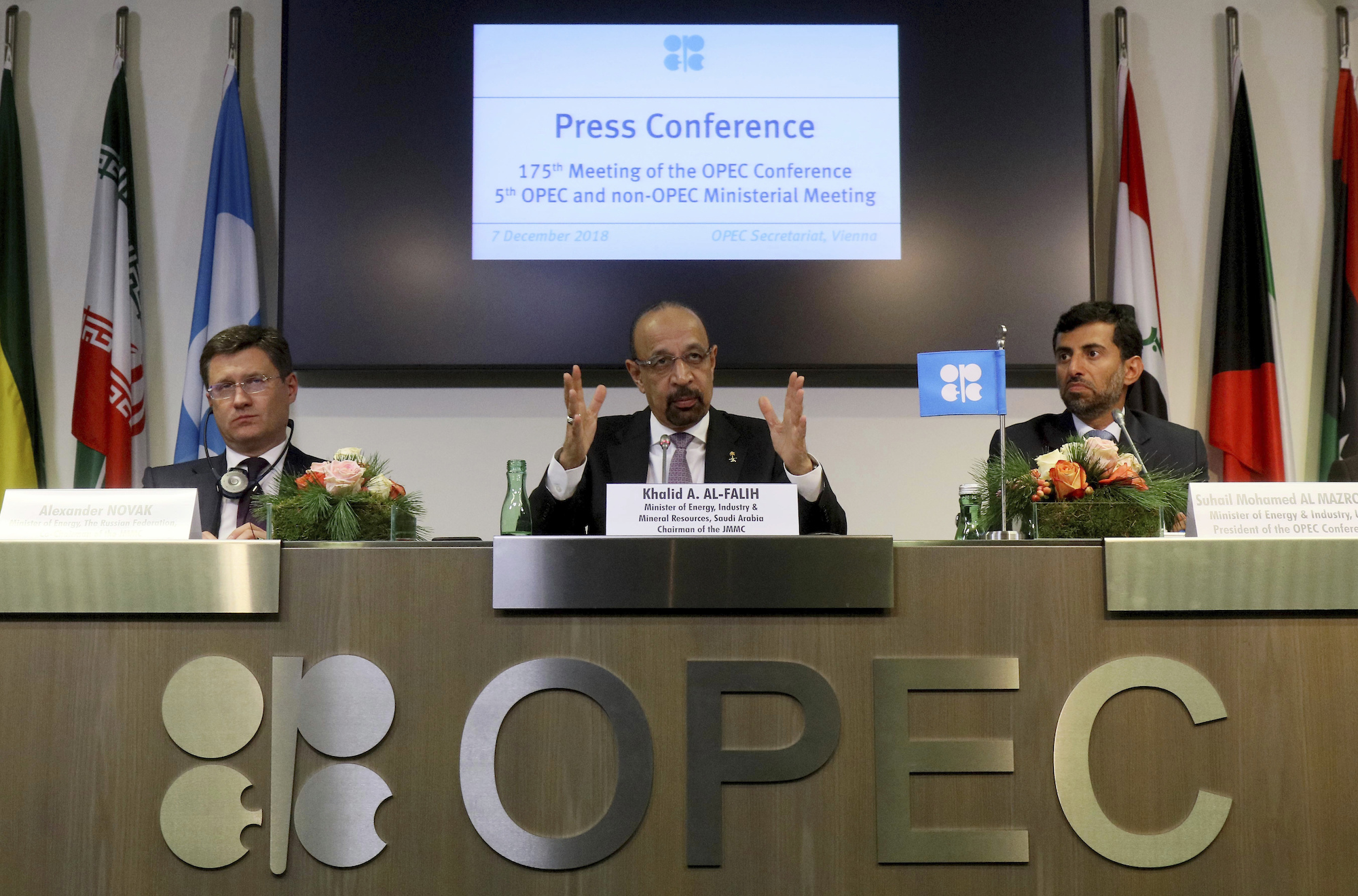 (From left) Russian Energy Minister Alexander Novak, Saudi Minister of Energy, Industry, and Mineral Resources Khalid al-Falih, and and UAE Minister of Energy Suhail Mohamed Faraj Al Mazrouei attend a news conference after OPEC's meeting in Vienna, Austria, Dec. 7. (AP Photo/Ronald Zak)