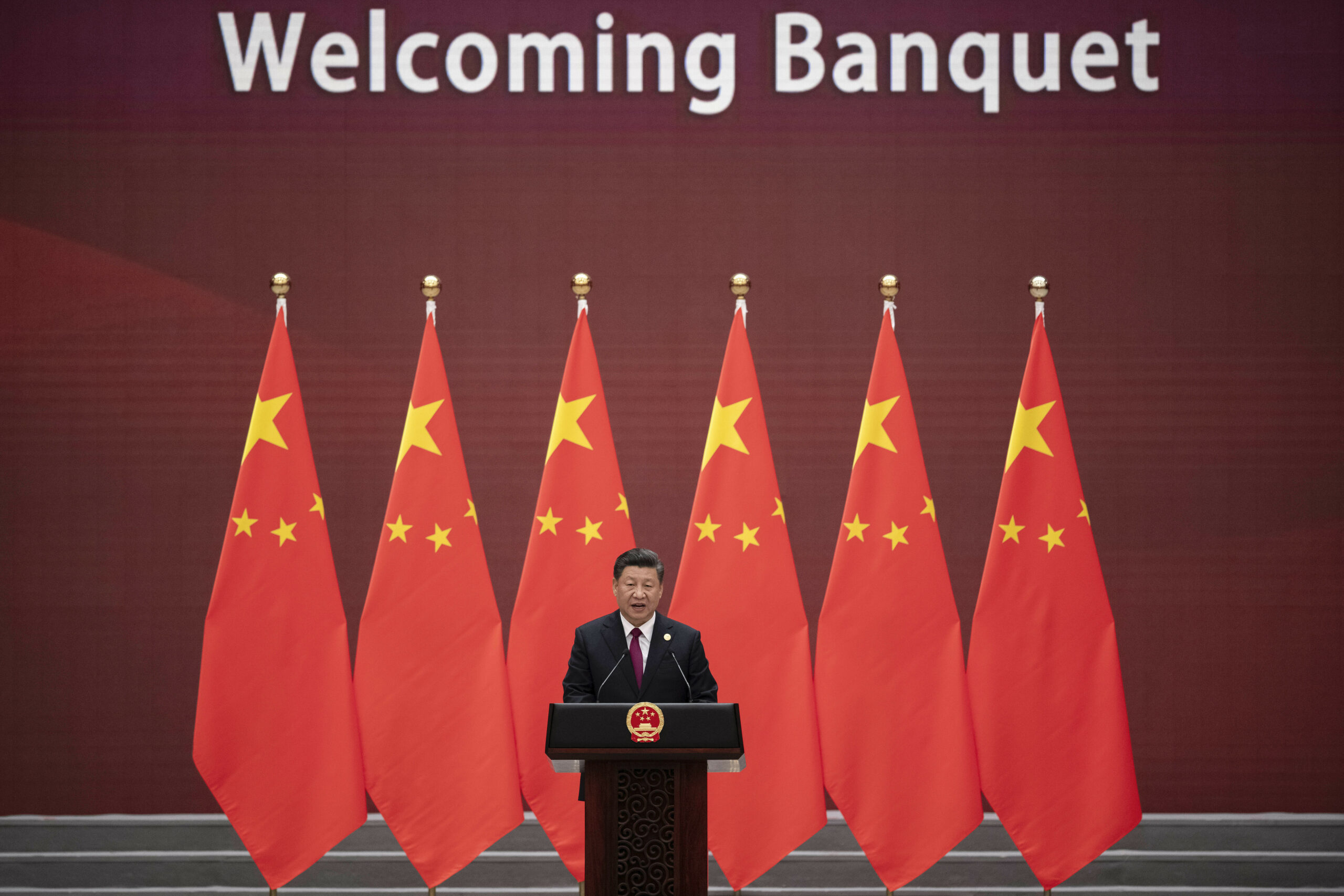 Chinese President Xi Jinping makes a speech during the Belt and Road Forum welcome banquet at the Great Hall of the People in Beijing, China, April 26, 2019. (Nicolas Asfouri via AP)