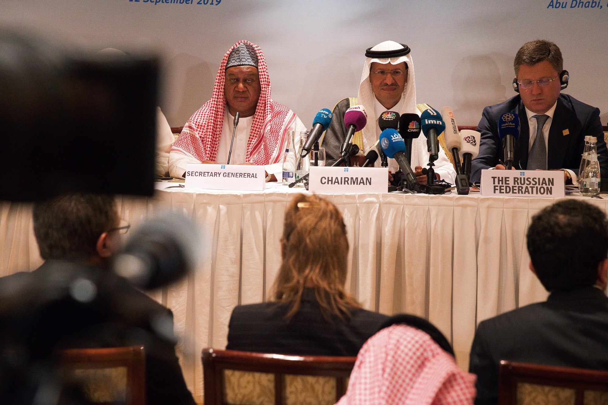 OPEC Secretary General Mohammad Senusi Barkindo, left, Saudi Energy Minister Abdulaziz bin Salman, center, and Russian Energy Minister Alexander Novak, attend a news conference after OPEC's meeting in Abu Dhabi, United Arab Emirates, Sept. 12. (AP Photo/Jon Gambrell)