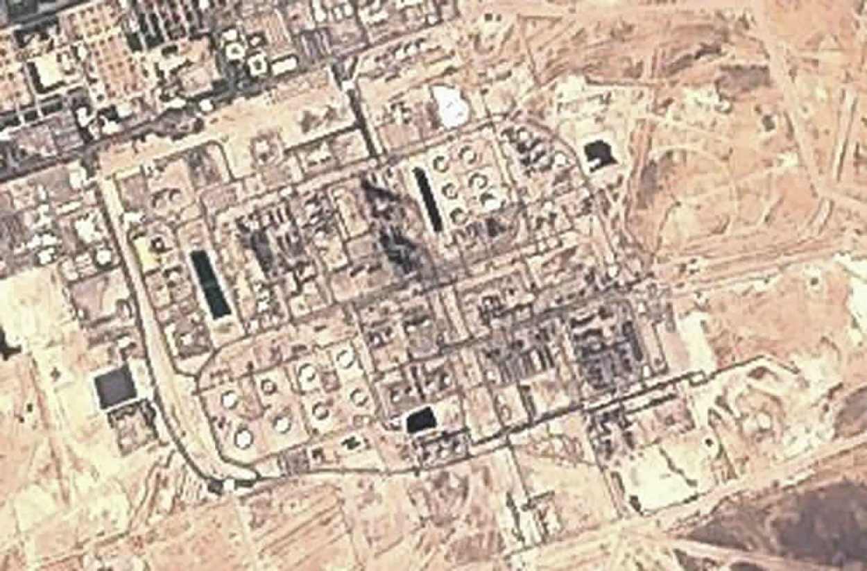 This Sept. 15 false-color image from the European Commission's Sentinel-2 satellite shows Saudi Aramco's Abqaiq oil processing facility in Buqyaq, Saudi Arabia. (European Commission via AP)
