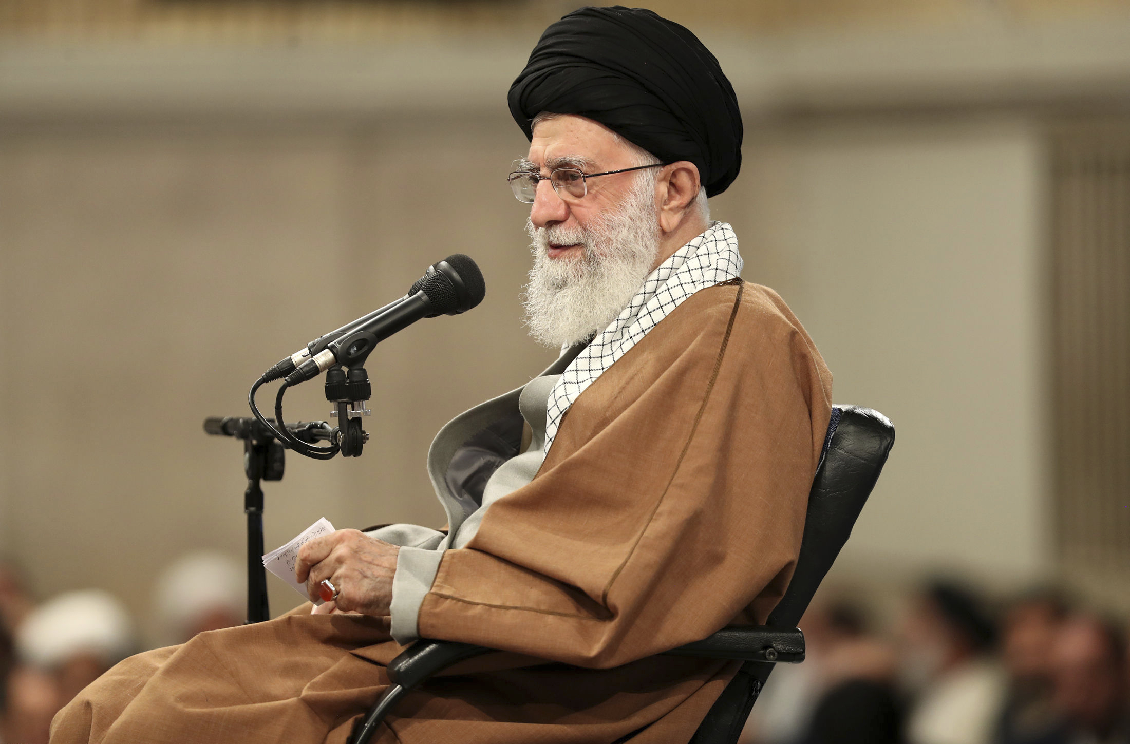 Iranian Supreme Leader Ayatollah Ali Khamenei speaks in a meeting with members of the Islamic Revolutionary Guard Corps' Basij force, Tehran, Iran, Nov. 27. (Office of the Iranian Supreme Leader via AP)