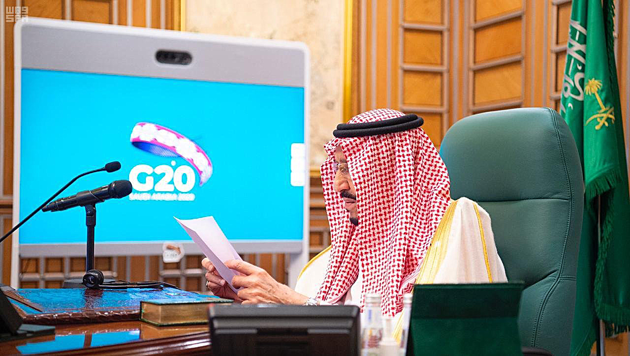 Saudi King Salman bin Abdulaziz, chairs a video call of G20 leaders, from Riyadh, Saudi Arabia, March 26. (Saudi Press Agency via AP)
