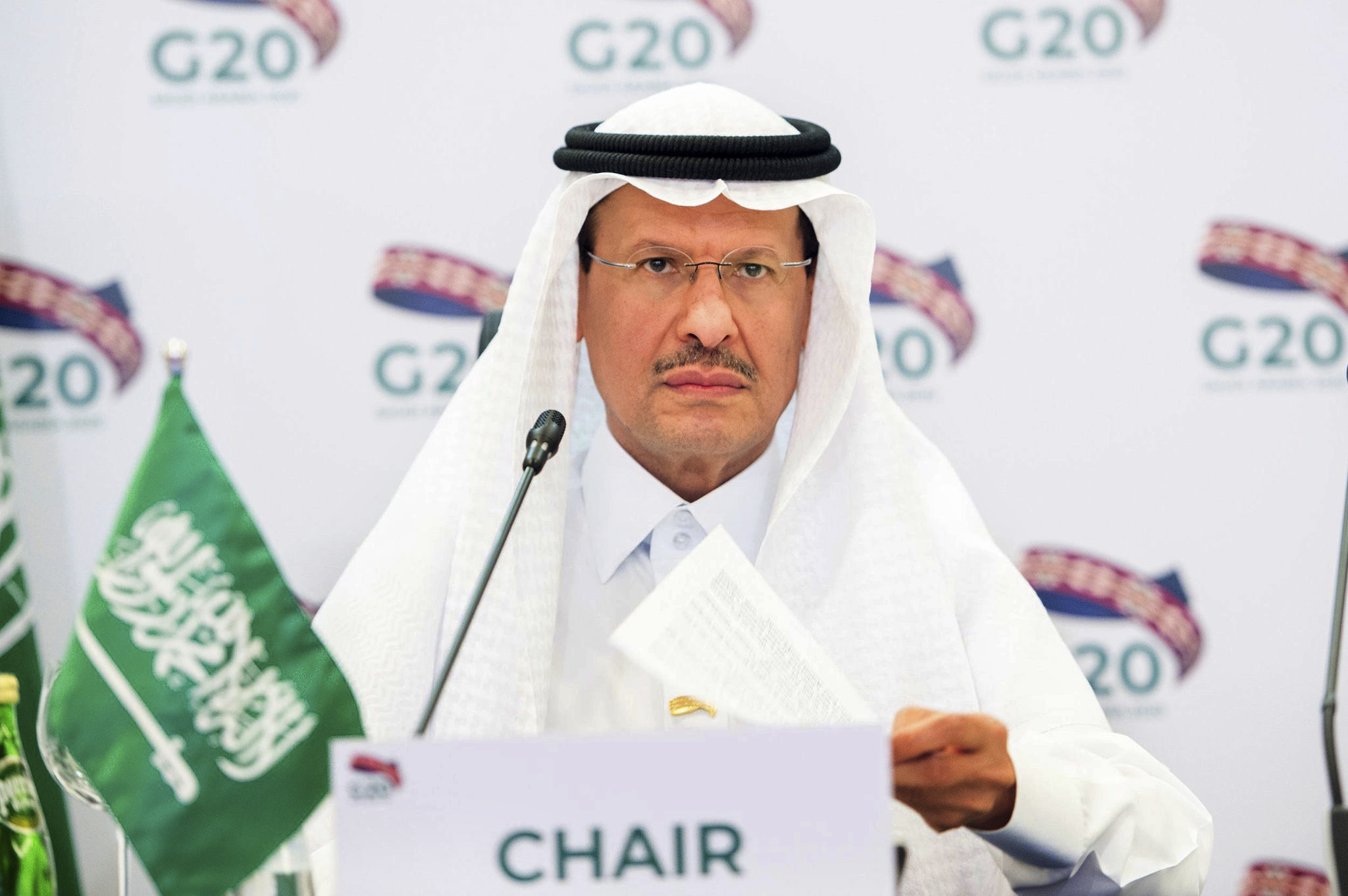 Prince Abdulaziz bin Salman al-Saud, minister of energy of Saudi Arabia, chairs a virtual summit of the Group of 20 energy ministers at his office in Riyadh, Saudi Arabia, April 10. (Saudi Energy Ministry via AP)