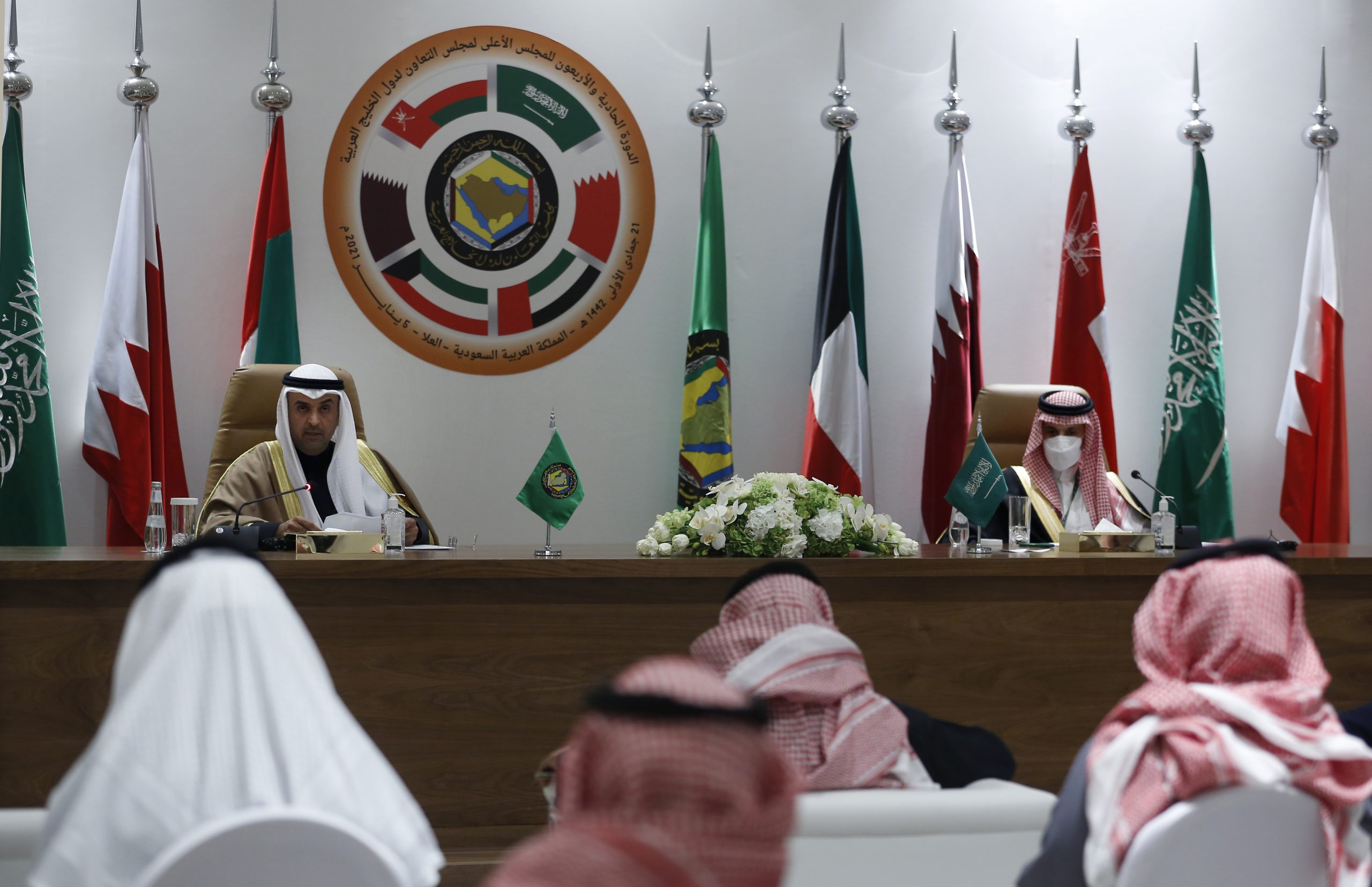 Secretary General of the Gulf Cooperation Council Nayef Falah M. Al-Hajraf, left, and Saudi Foreign Minister Prince Faisal bin Farhan al-Saud speak during a press conference during the 41st Gulf Cooperation Council meeting being in Al Ula, Saudi Arabia, Jan. 5. (AP Photo/Amr Nabil)