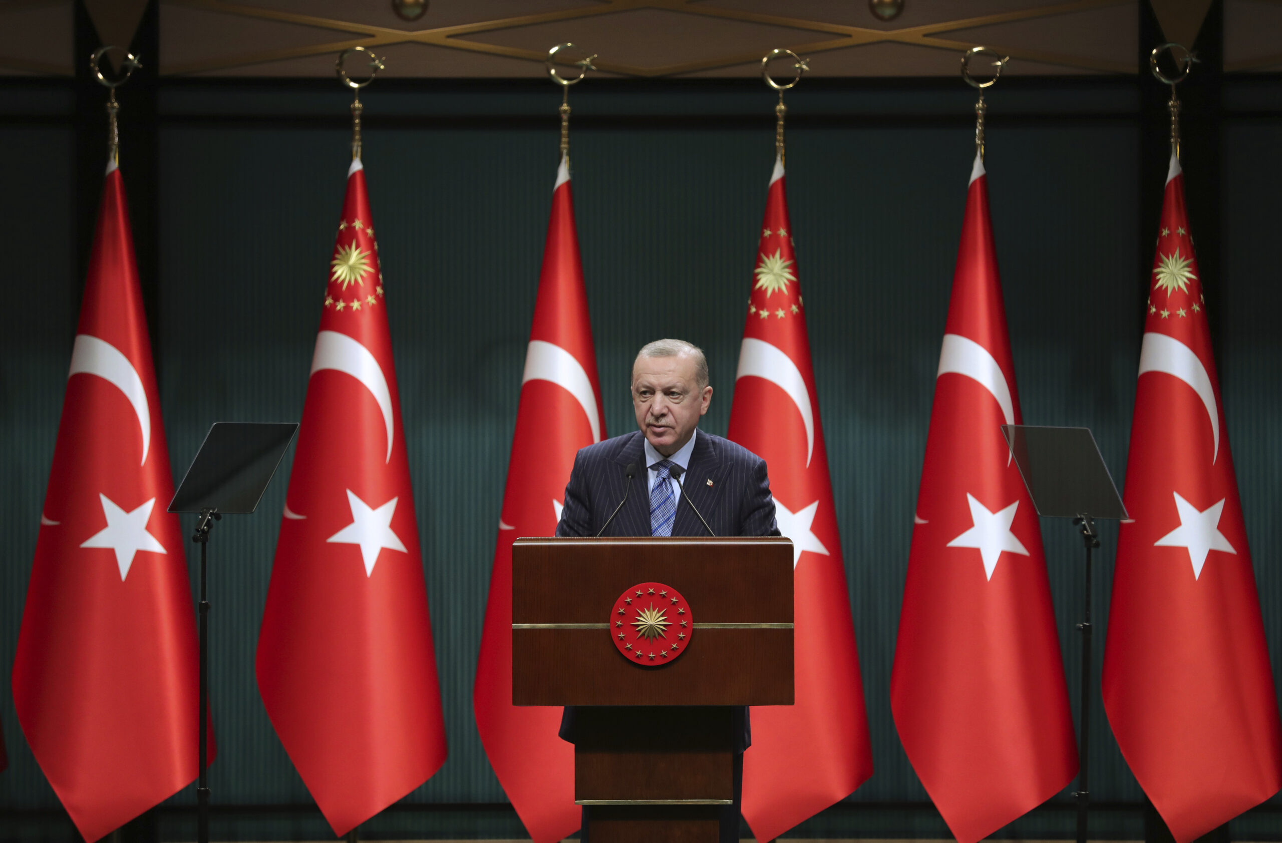Turkish President Recep Tayyip Erdogan talks following his cabinet meeting in Ankara, Turkey, May 17, 2021. (Mustafa Kamaci/Turkish Presidency via AP)