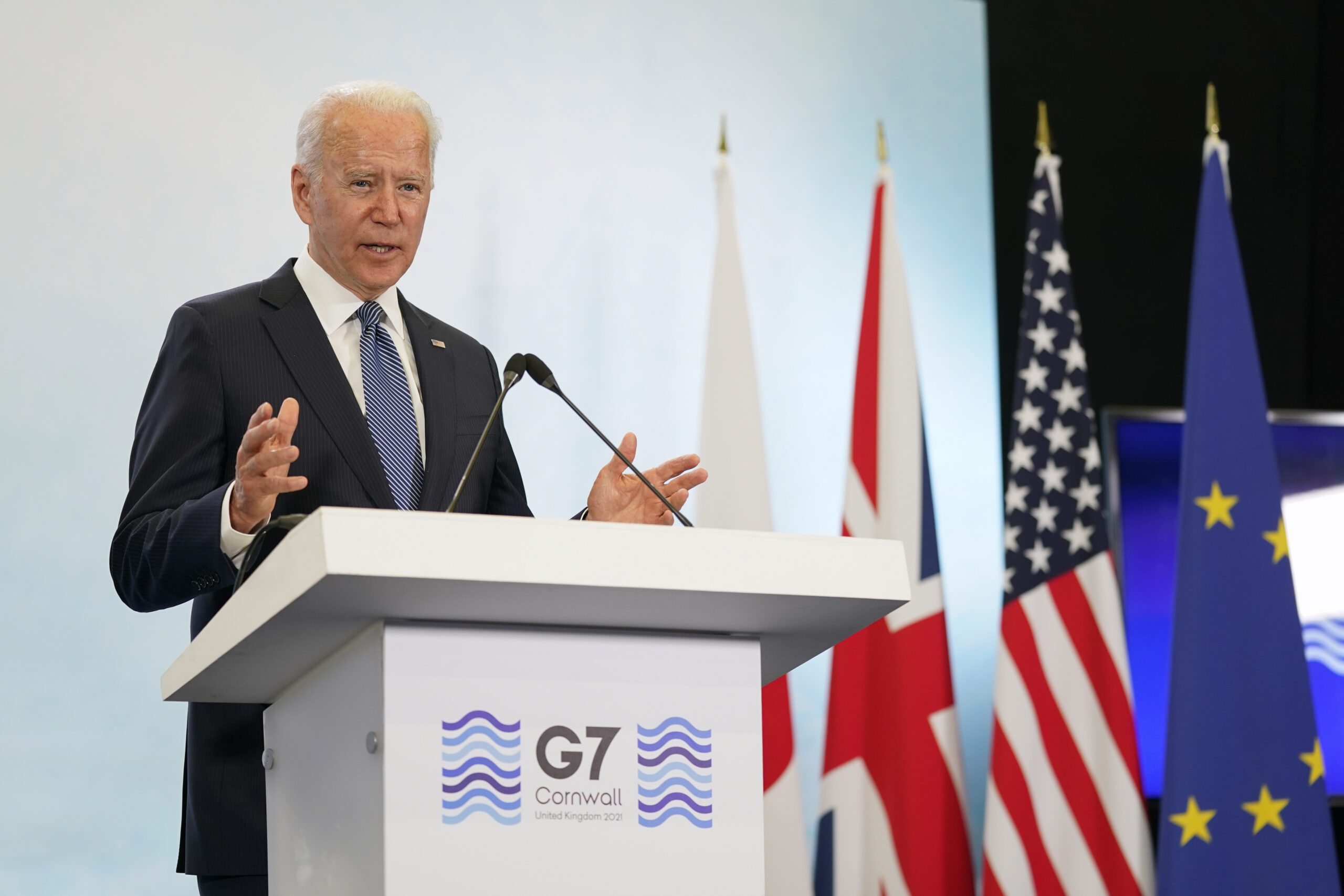 U.S. President Joseph R. Biden, Jr. speaks during a news conference after attending the G-7 summit, at Cornwall Airport in Newquay, England, June 13. (AP Photo/Patrick Semansky)