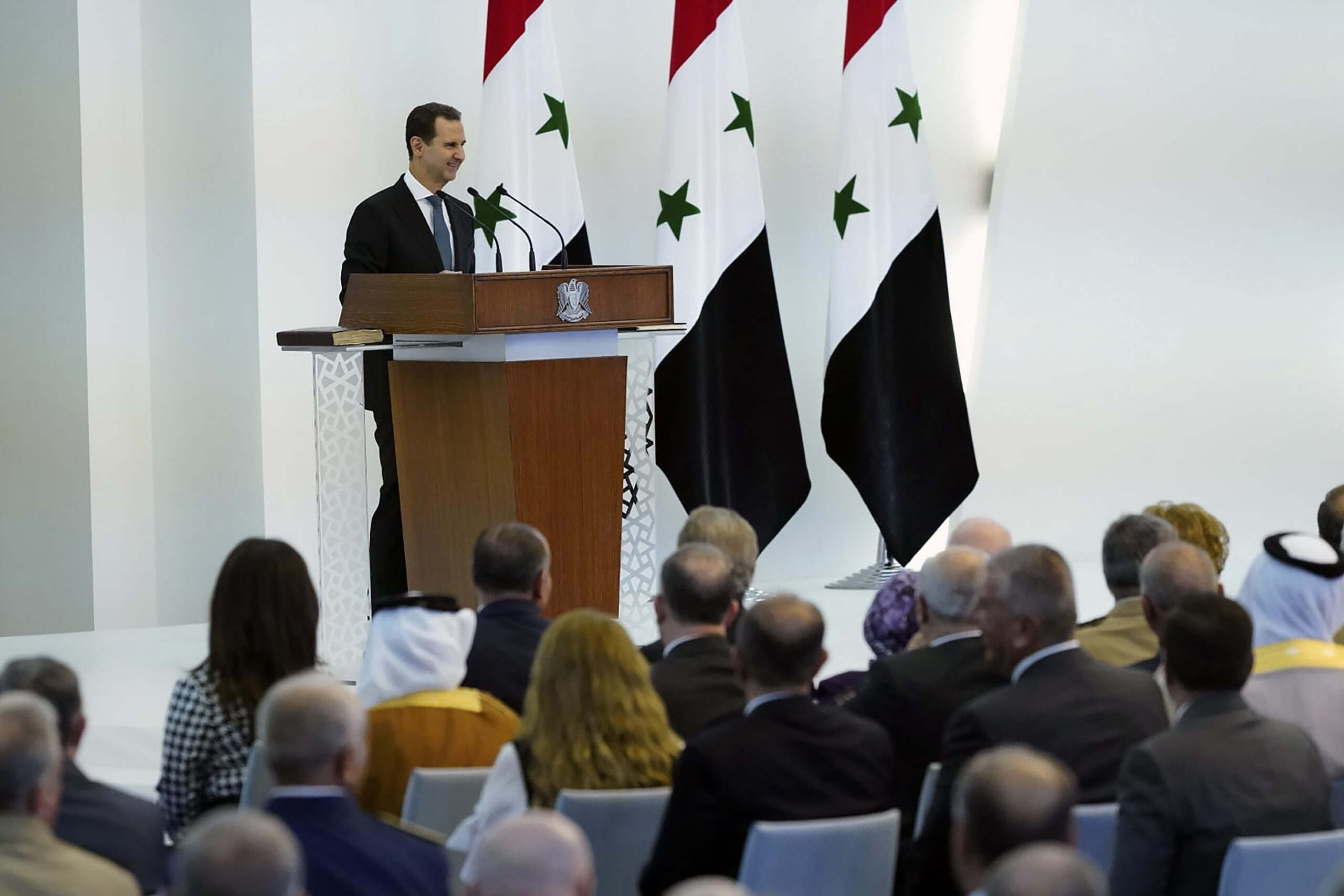 Syrian President Bashar al-Assad takes the oath of office for a fourth seven-year term at the Syrian Presidential Palace in Damascus, Syria, July 17. (Syrian Presidency via Facebook via AP)