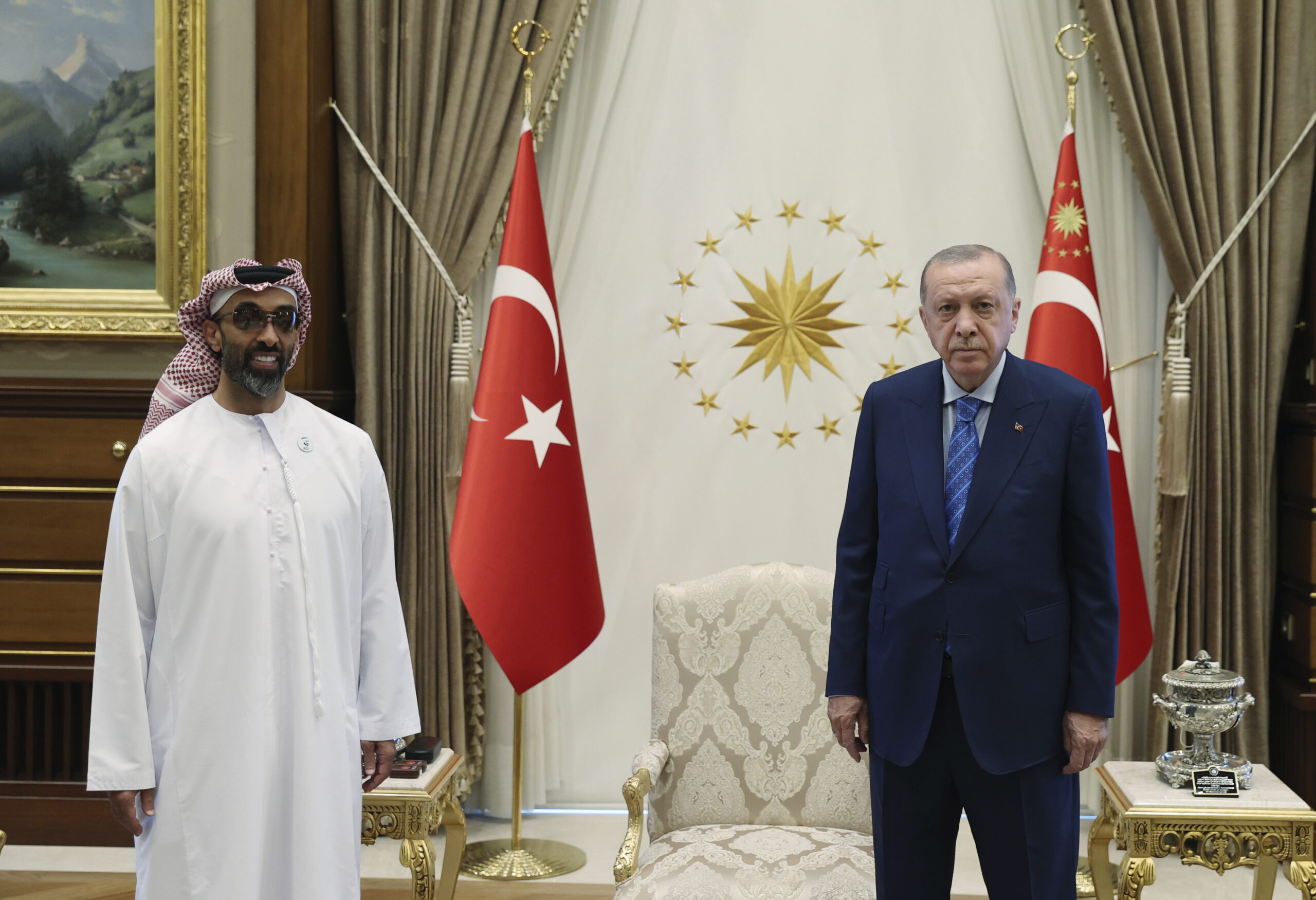 Turkish President Recep Tayyip Erdogan, right, and UAE National Security Advisor Tahnoun bin Zayed al-Nahyan pose for photos before a meeting in Ankara, Turkey, Aug. 18. (Turkish Presidency via AP)