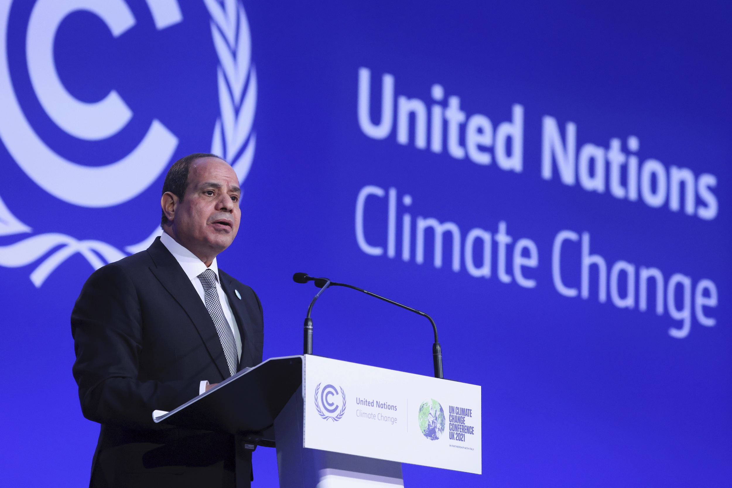 Egyptian President Abdel Fattah al-Sisi speaks during the opening ceremony of the United Nations Climate Change Conference COP26 in Glasgow, Scotland, Nov. 1, 2021. (Yves Herman/Pool via AP)