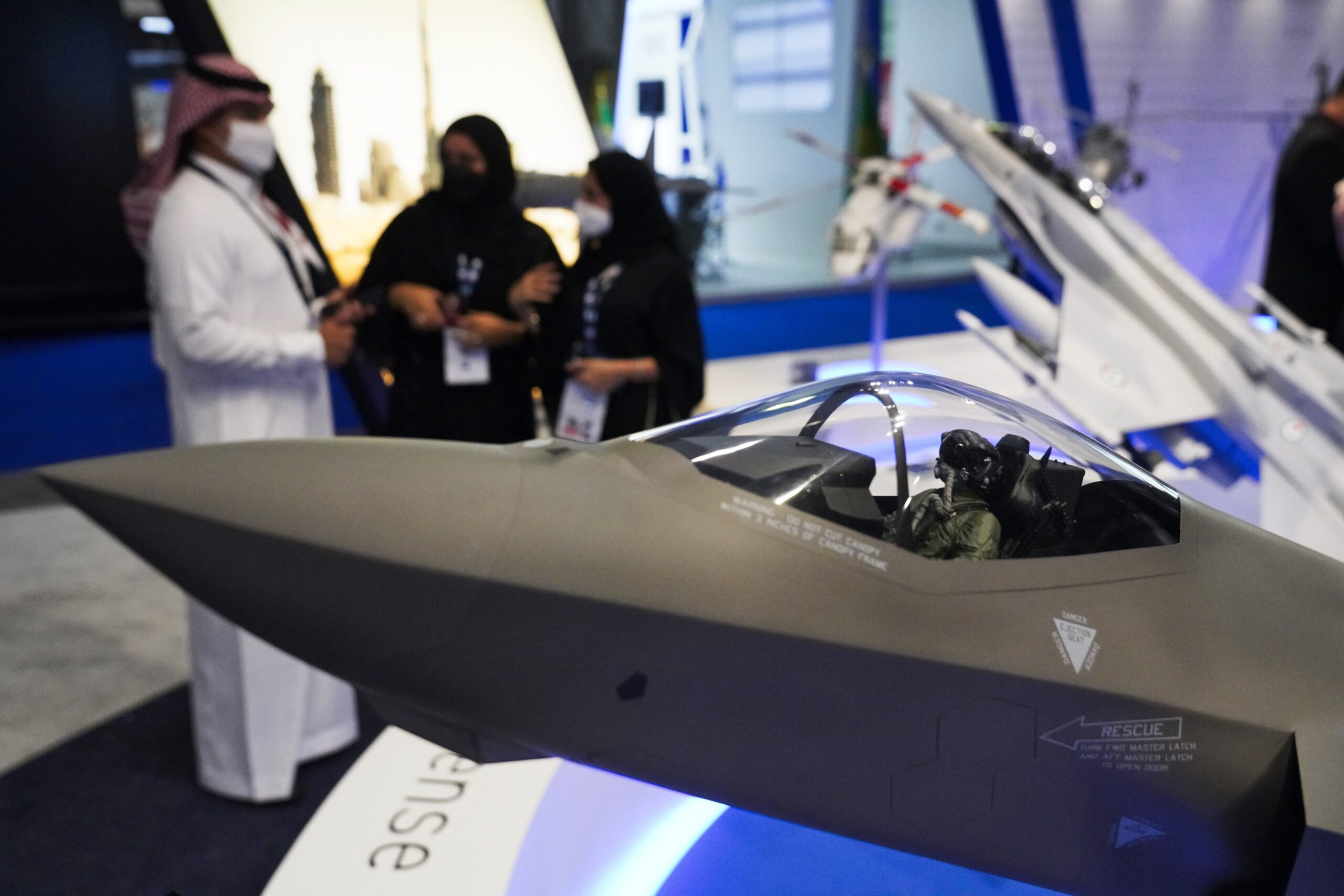 A model F-35 stealth fighter jet is on display at the Lockheed Martin stand at the Dubai Air Show, Dubai, United Arab Emirates, Nov. 16,