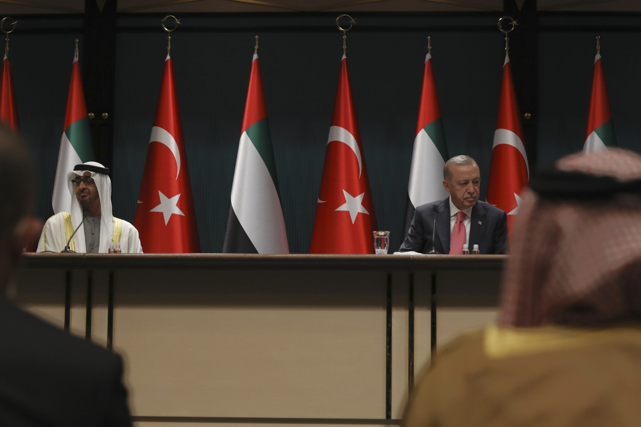 Turkish President Recep Tayyip Erdogan, right, and Abu Dhabi Crown Prince Mohammed attend a signing ceremony at the presidential palace in Ankara, Turkey, Nov. 24, 2021. (AP Photo/Burhan Ozbilici)