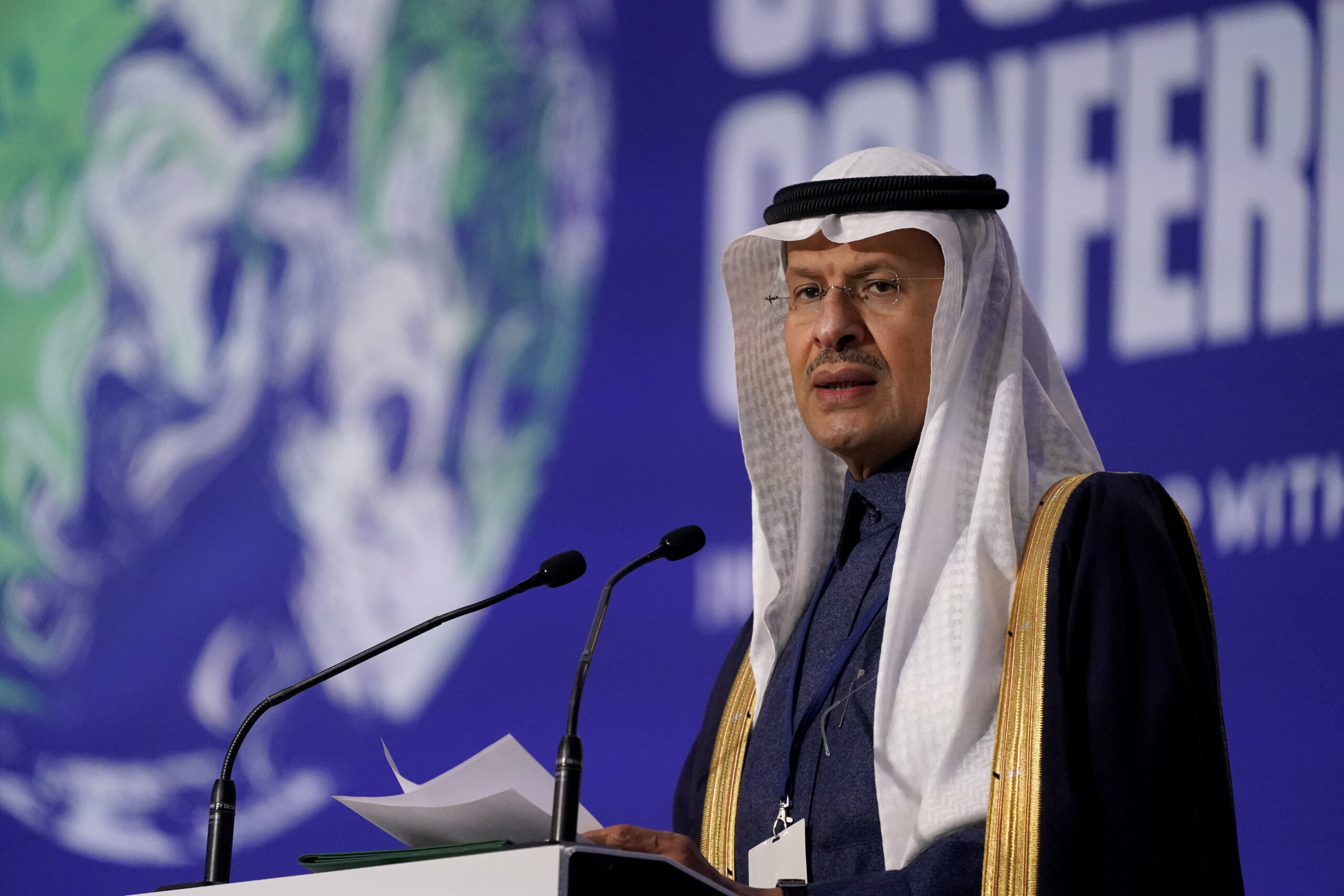 Saudi Energy Minister Prince Abdulaziz bin Salman speaks at the COP26 United Nations Climate Summit in Glasgow, Scotland, on Nov. 10, 2021. (AP Photo/Alberto Pezzali)