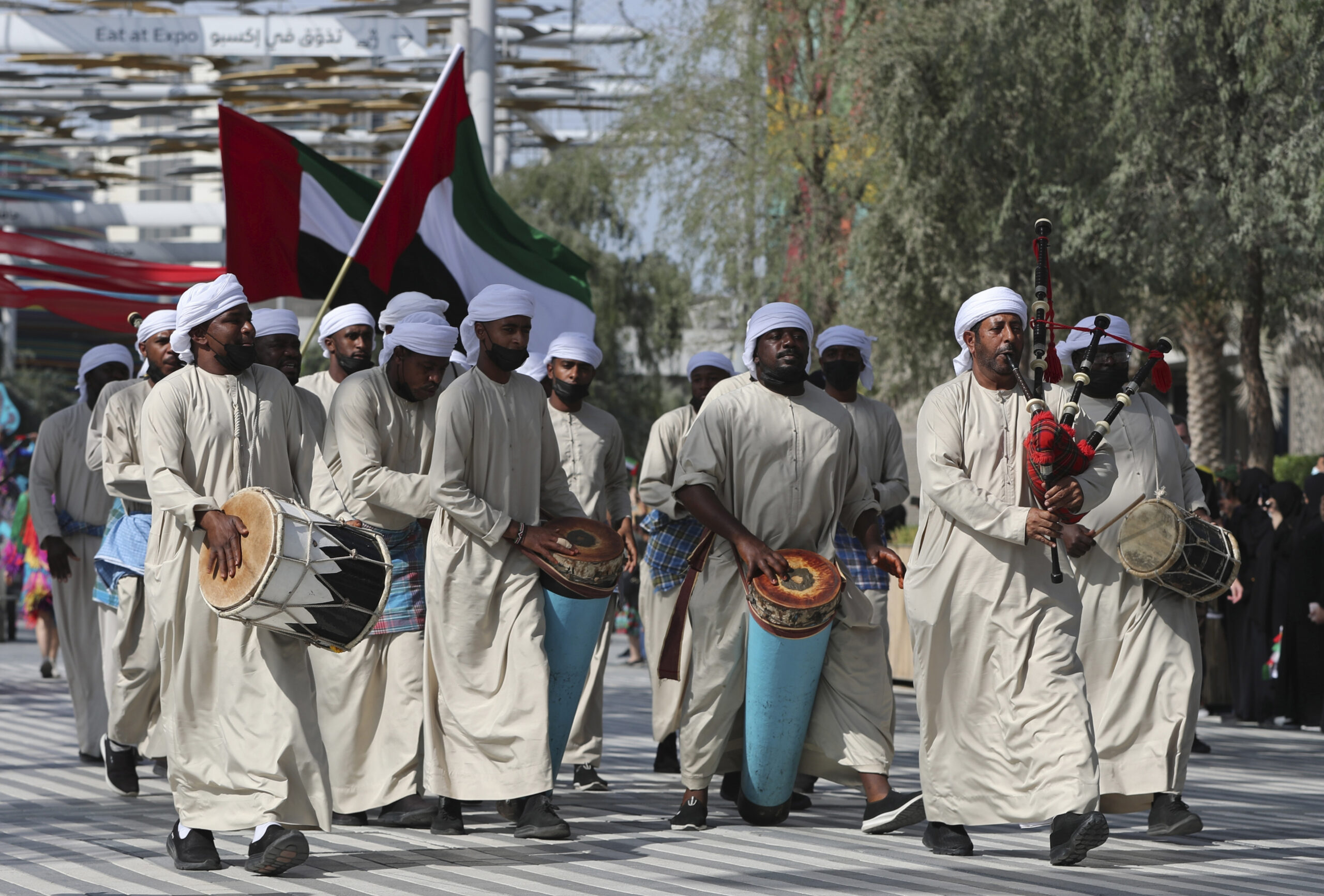 Traditional Emirati musicians perform during celebrations for the UAE's 50th National Day, at Expo 2020 Dubai, in Dubai, United Arab Emirates, Dec. 2, 2021. (AP Photo/Kamran Jebreili)
