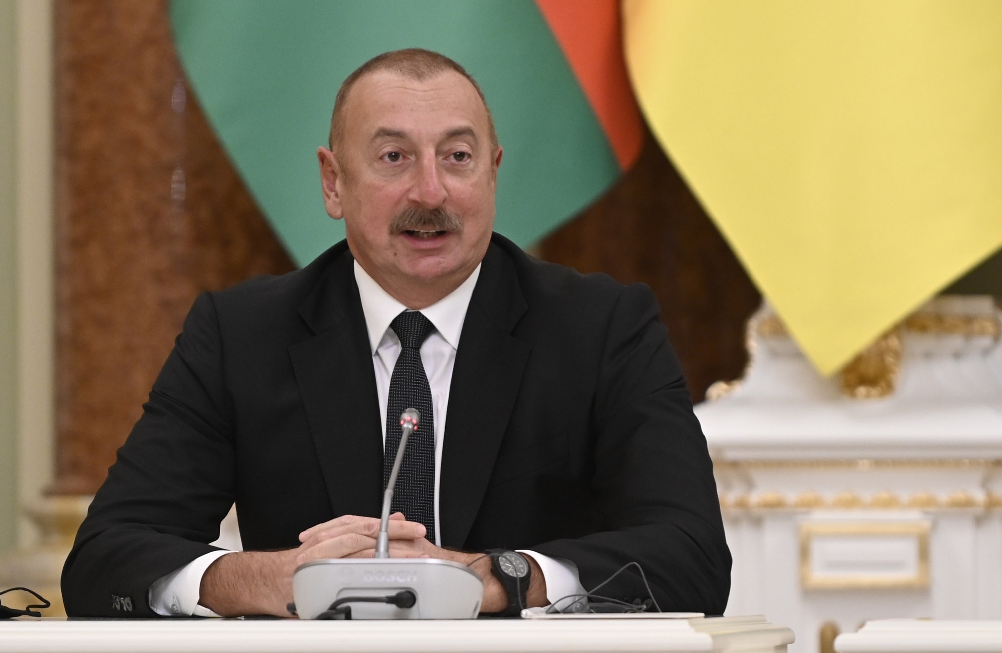 Azerbaijan's president, Ilham Aliev, speaks during a joint statement with Ukrainian President Volodymyr Zelensky in Kyiv, Ukraine, Friday, Jan. 14.