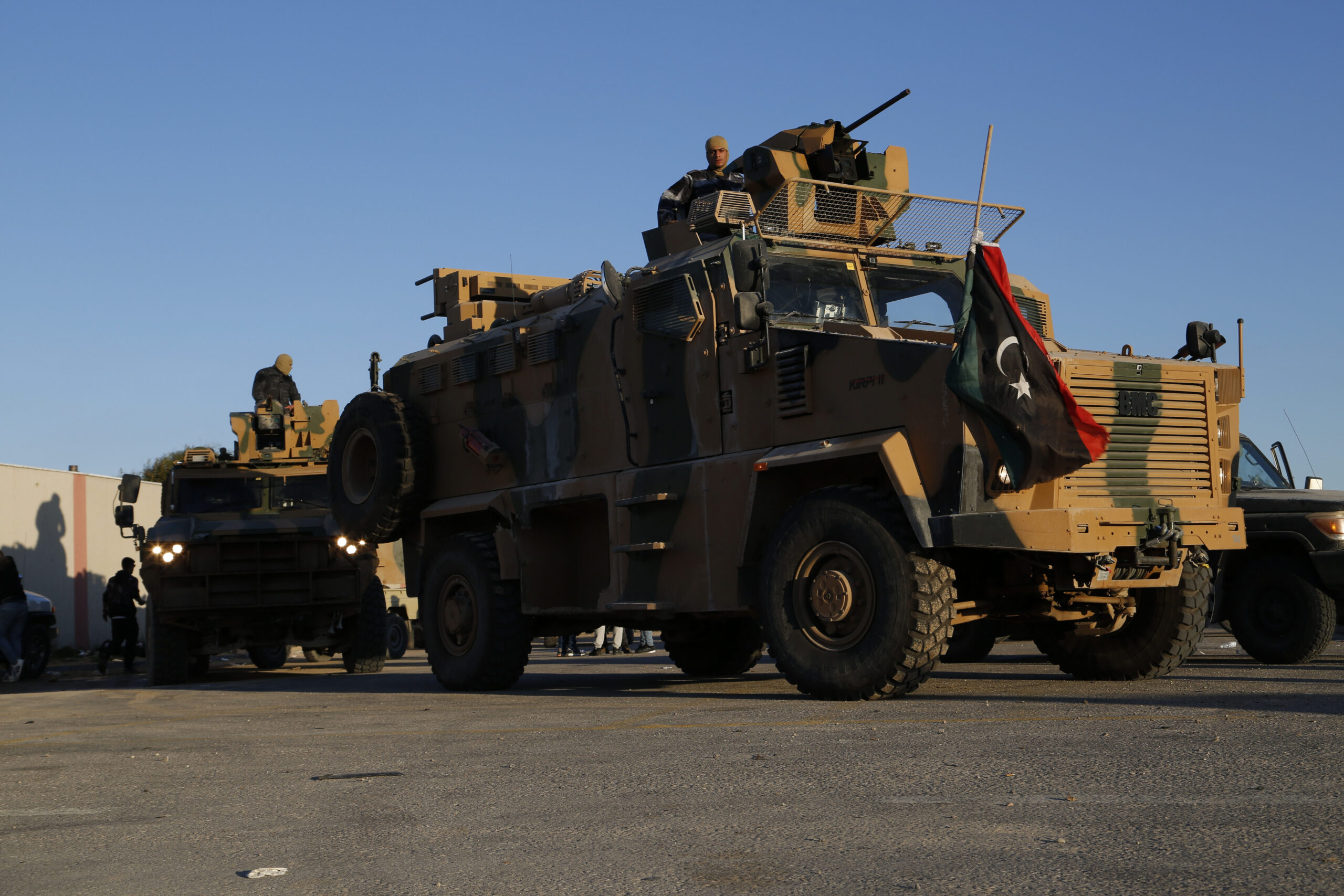 Forces loyal to the U.N.-appointed interim prime minister Abdul Hamid Dbeibah arrive from Misrata to Tripoli in show of support, Feb. 12. (AP Photo/Yousef Murad)
