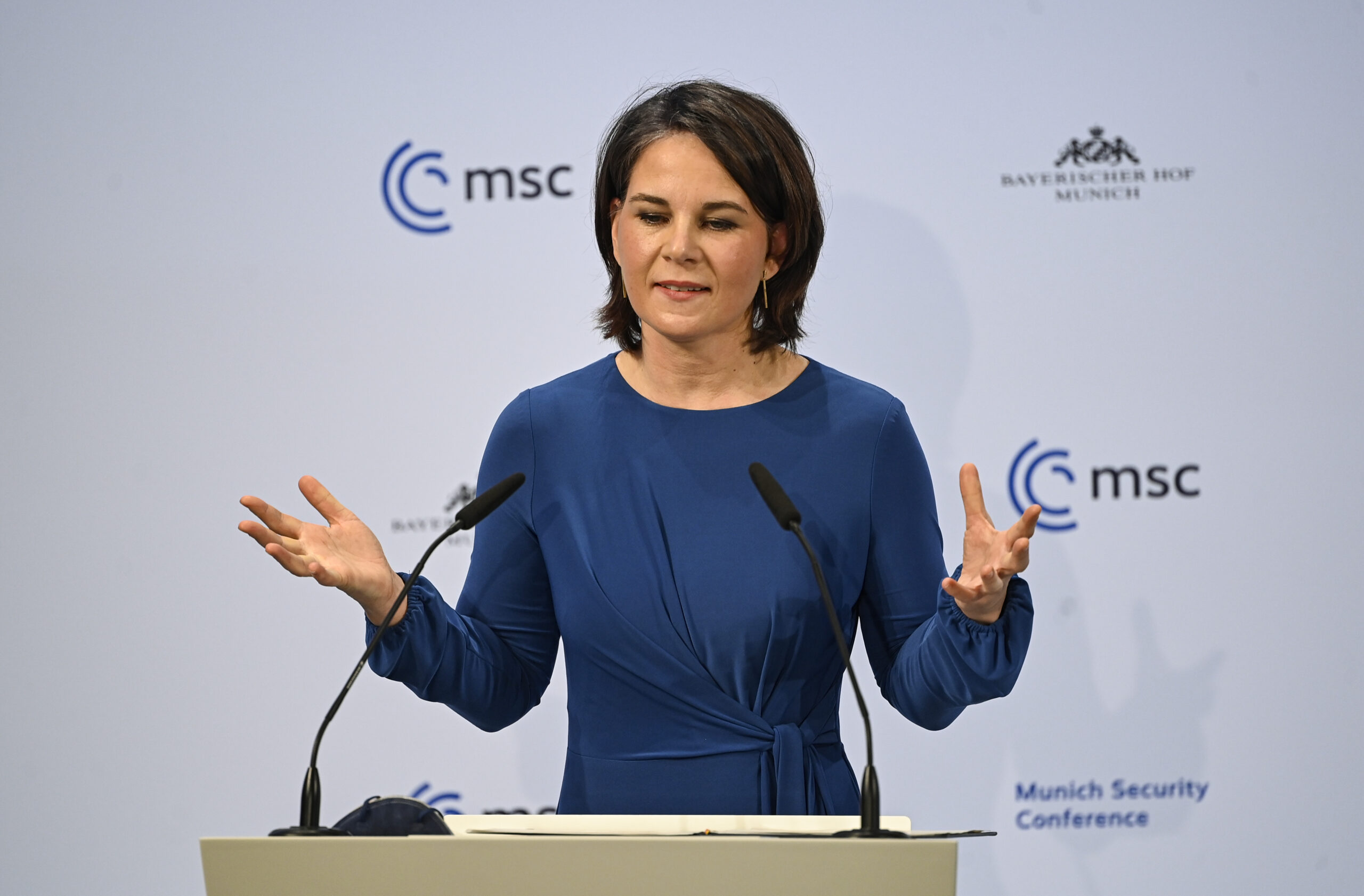 German Foreign Minister Annalena Baerbock speaks on stage during the 58th Munich Security Conference, Munich, Germany, Feb. 18. (Ina Fassbender via AP)
