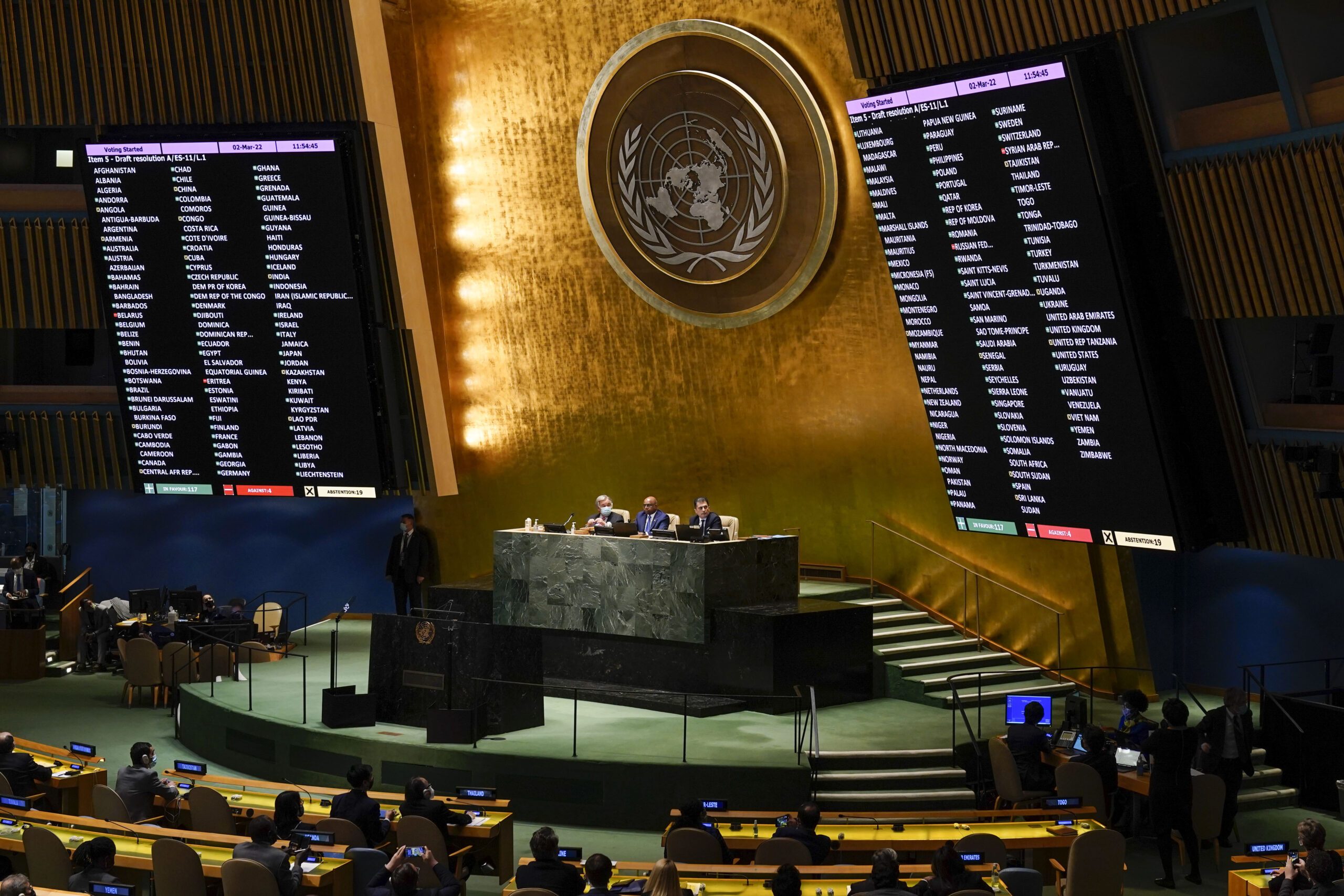 United Nations members vote on a resolution concerning Ukraine during an emergency meeting of the General Assembly at the United Nations headquarters, Wednesday, March 2. (AP Photo/Seth Wenig)