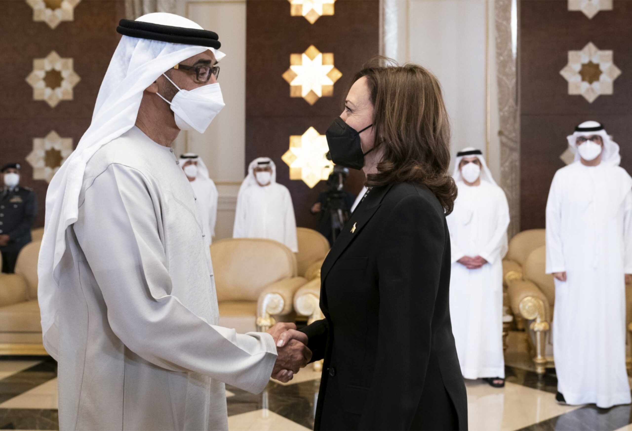 U.S. Vice President Kamala Harris, right, shakes hands with UAE President Mohammed bin Zayed al-Nahyan, May 16. (Hamad Al Kaabi/Ministry of Presidential Affairs via AP)