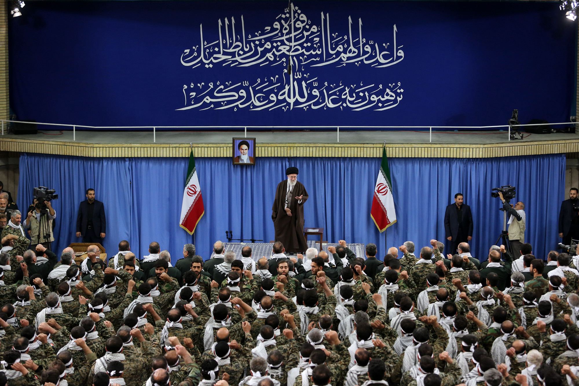 Iran's Supreme Leader Ayatollah Ali Khamenei gestures during a meeting with commanders of a paramilitary division of the Islamic Revolutionary Guard Corps in Tehran, Iran, Nov. 25, 2015. (Office of the Iranian Supreme Leader via AP)