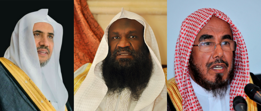 Mohammed al-Issa, secretary general of the Muslim World League, left, Adil al-Kalbani, former imam of the Grand Mosque in Mecca, center, Abdullah al-Mutlaq, a member of the Council of Senior Scholars (The Washington Institute for Near East Policy; Wikimedia Commons)