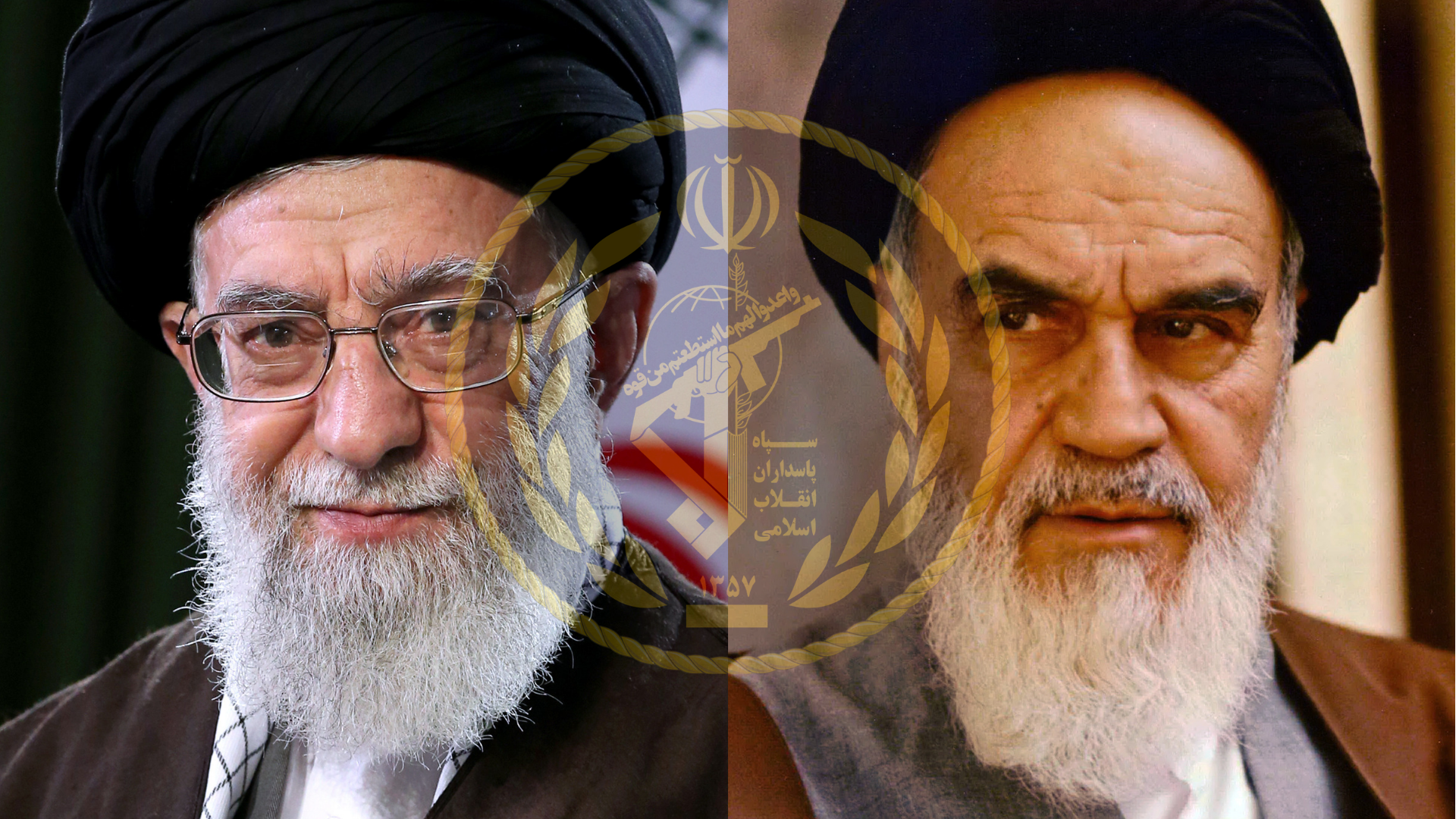 Iran’s Supreme Leader Ayatollah Ali Khamenei, right, and his predecessor Grand Ayatollah Ruhollah Khomeini with the logo of the Islamic Revolutionary Guard Corps (Khamenei.ir/Wikimedia Commons)