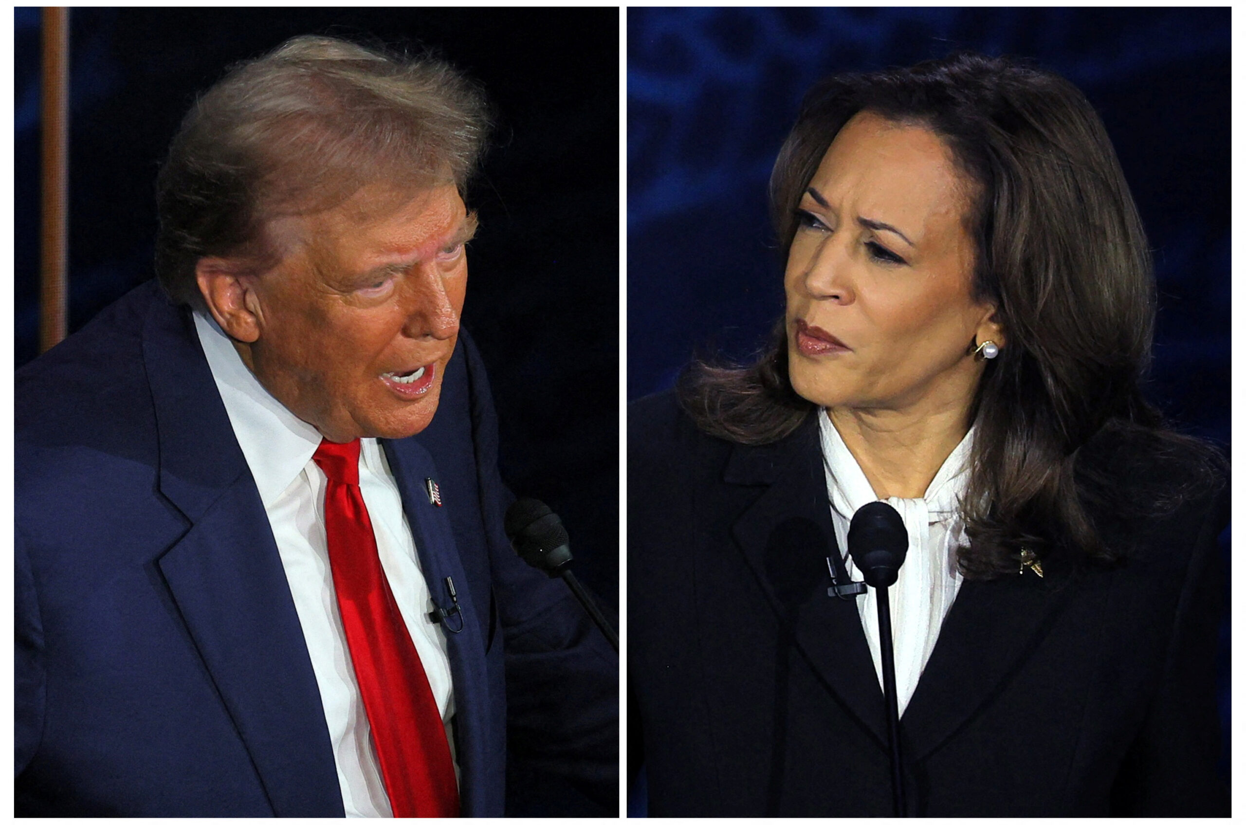 Republican presidential nominee, former U.S. President Donald Trump and Democratic presidential nominee, U.S. Vice President Kamala Harris take part in a presidential debate hosted by ABC in Philadelphia, Pennsylvania, U.S., September 10, 2024 in a combination of file photographs. REUTERS/Brian Snyder - RC22Y9AP0PX3