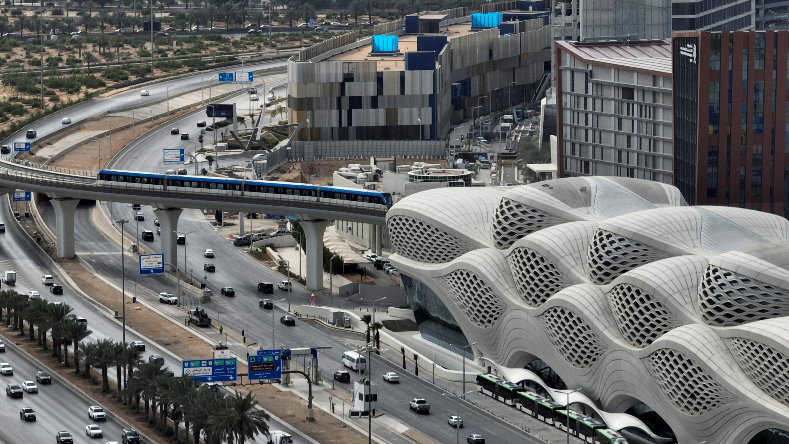 A train leaves the King Abdullah Financial District Metro Station during the early hours on the day of the inauguration of three of its six lines in this photo taken by drone in Riyadh, Saudi Arabia, December 1. (REUTERS/Mohammed Benmansour)