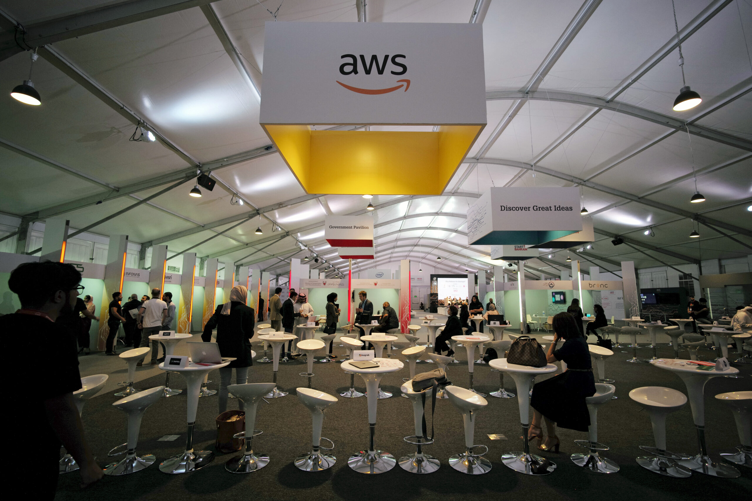 The Amazon Web Services logo is seen at Bahrain Technology Week, Manama, Bahrain, September 26, 2017. (REUTERS/Hamad I Mohammed)