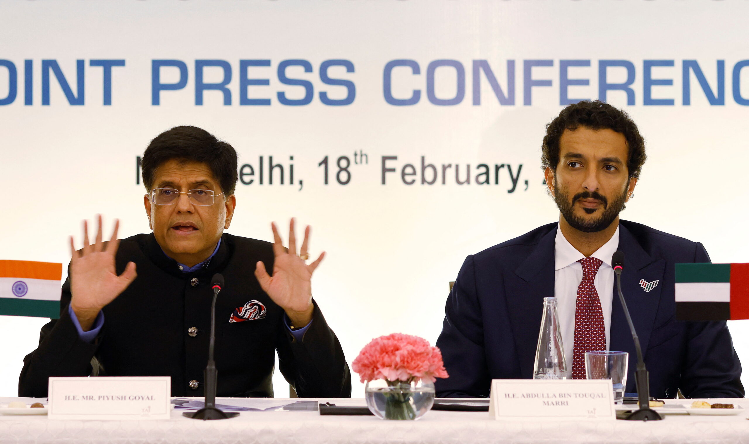 Indian Minister of Commerce and Industry Piyush Goyal gestures as UAE Minister of Economy Abdulla Bin Touq Al Marri looks on during a joint news conference, New Delhi, India, Feb. 18. (REUTERS/Adnan Abidi)
