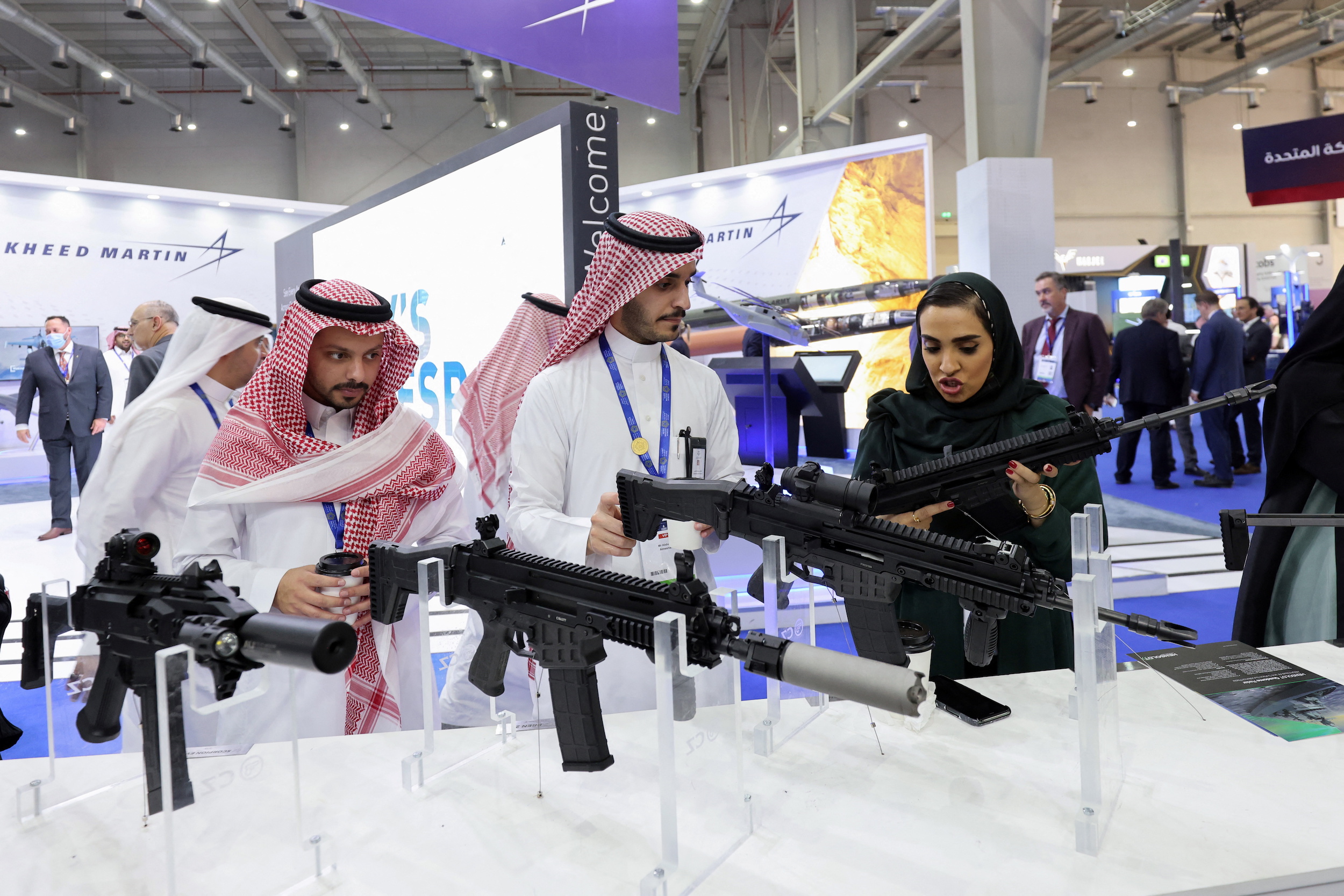People look at weapons at the World Defense Show in Riyadh, Saudi Arabia, March 7. (REUTERS/Ahmed Yosri)
