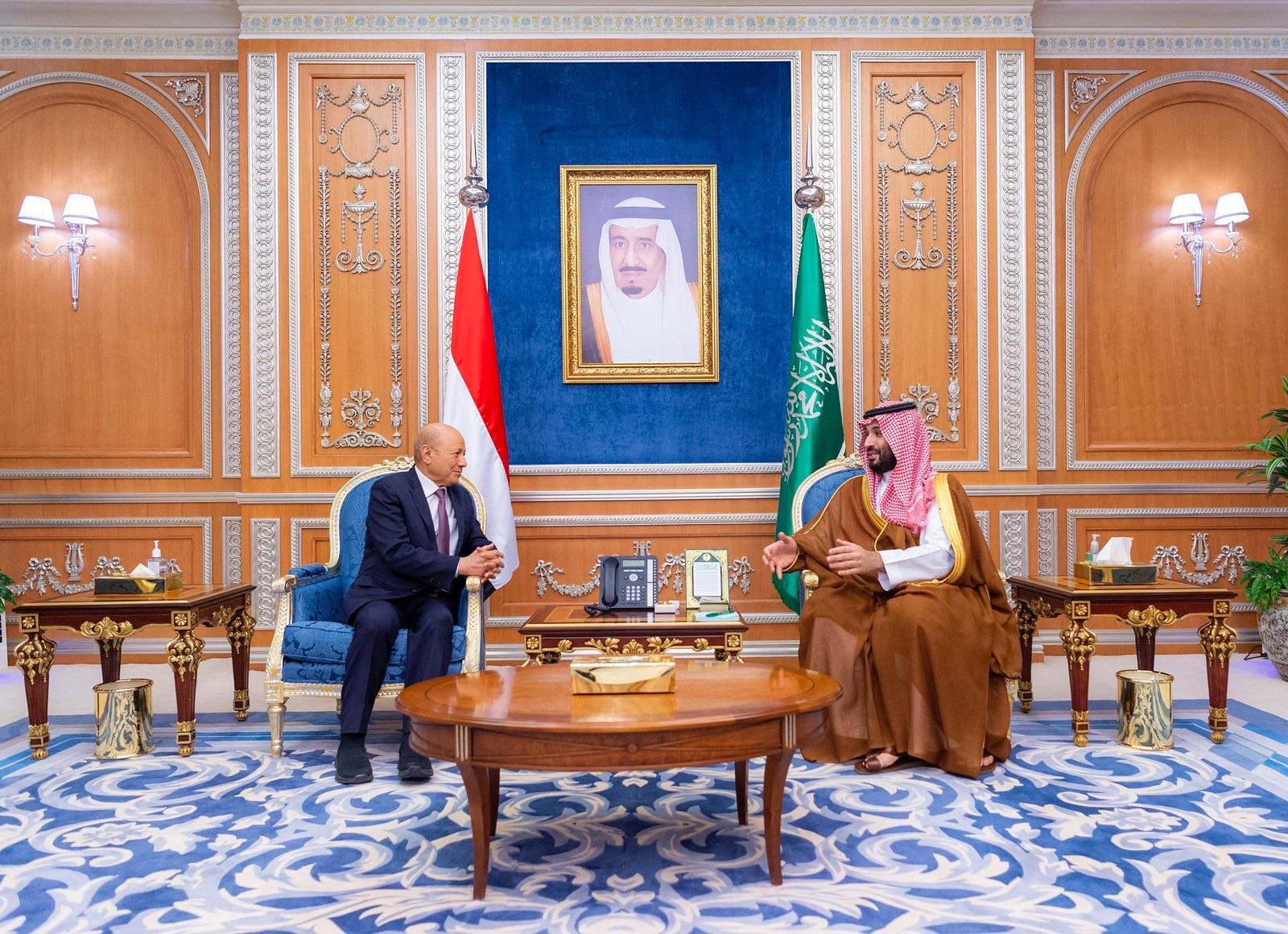 Saudi Crown Prince Mohammed bin Salman receives Rashad al-Alimi, president of Yemen's presidential council, in Riyadh, Saudi Arabia, April 7. (Bandar Algaloud/Courtesy of Saudi Royal Court/Handout via REUTERS)