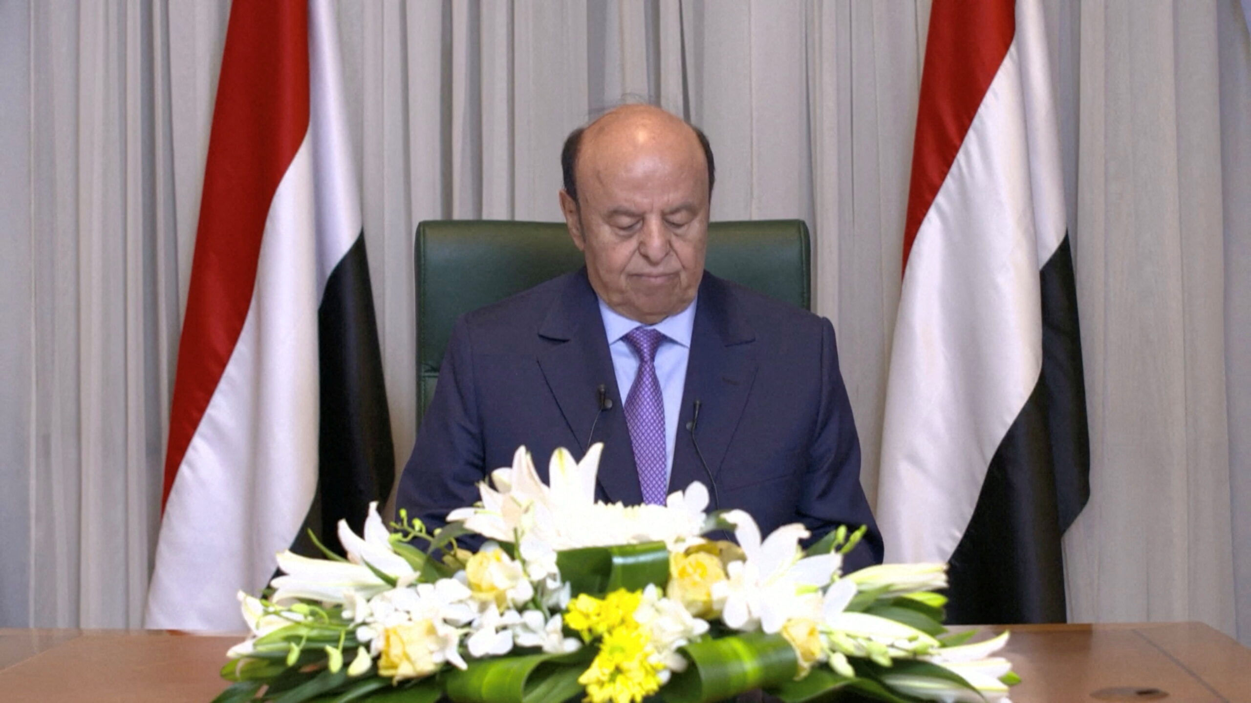 Yemeni President Abd Rabbu Mansour Hadi delivers a speech as he delegates his own powers to a presidential council, in Riyadh, Saudi Arabia April 7. (Yemen TV/via REUTERS TV)