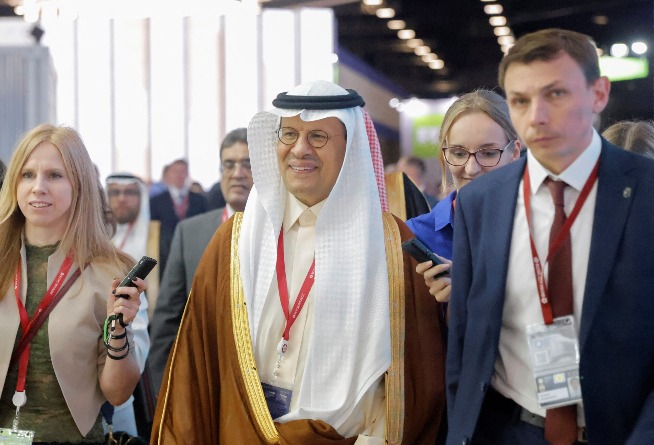 Saudi Energy Minister Prince Abdulaziz bin Salman walks during a meeting with Russian Deputy Prime Minister Alexander Novak at the St. Petersburg International Economic Forum in Saint Petersburg, Russia, June 16, 2022. (REUTERS/Maxim Shemetov)