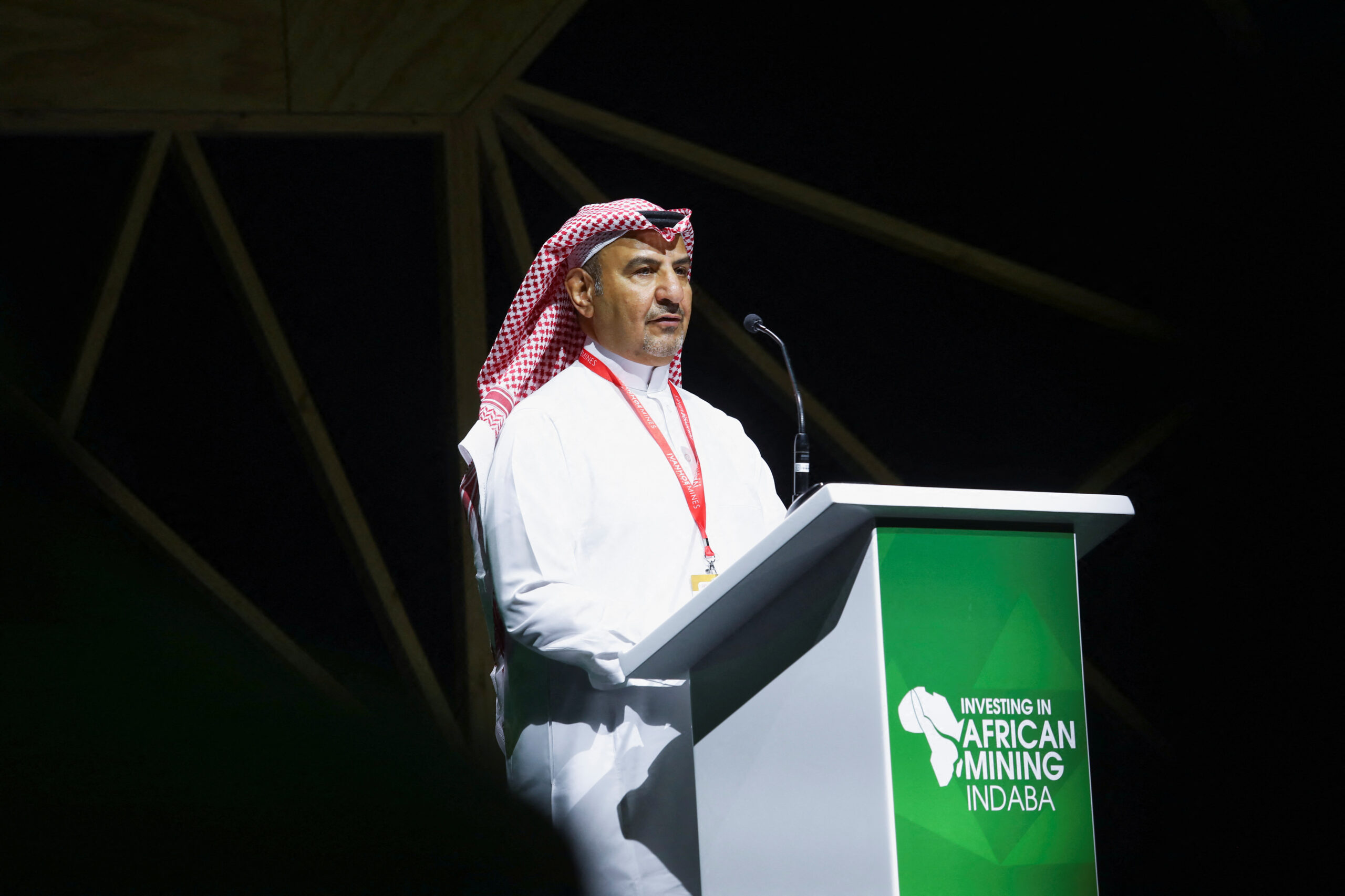Khalid Saleh Al-Mudaifer, Saudi Arabia's vice minister for mining affairs, speaks at the Investing in African Mining Indaba 2023 conference in Cape Town, South Africa, February 6. (REUTERS/Shelley Christians)