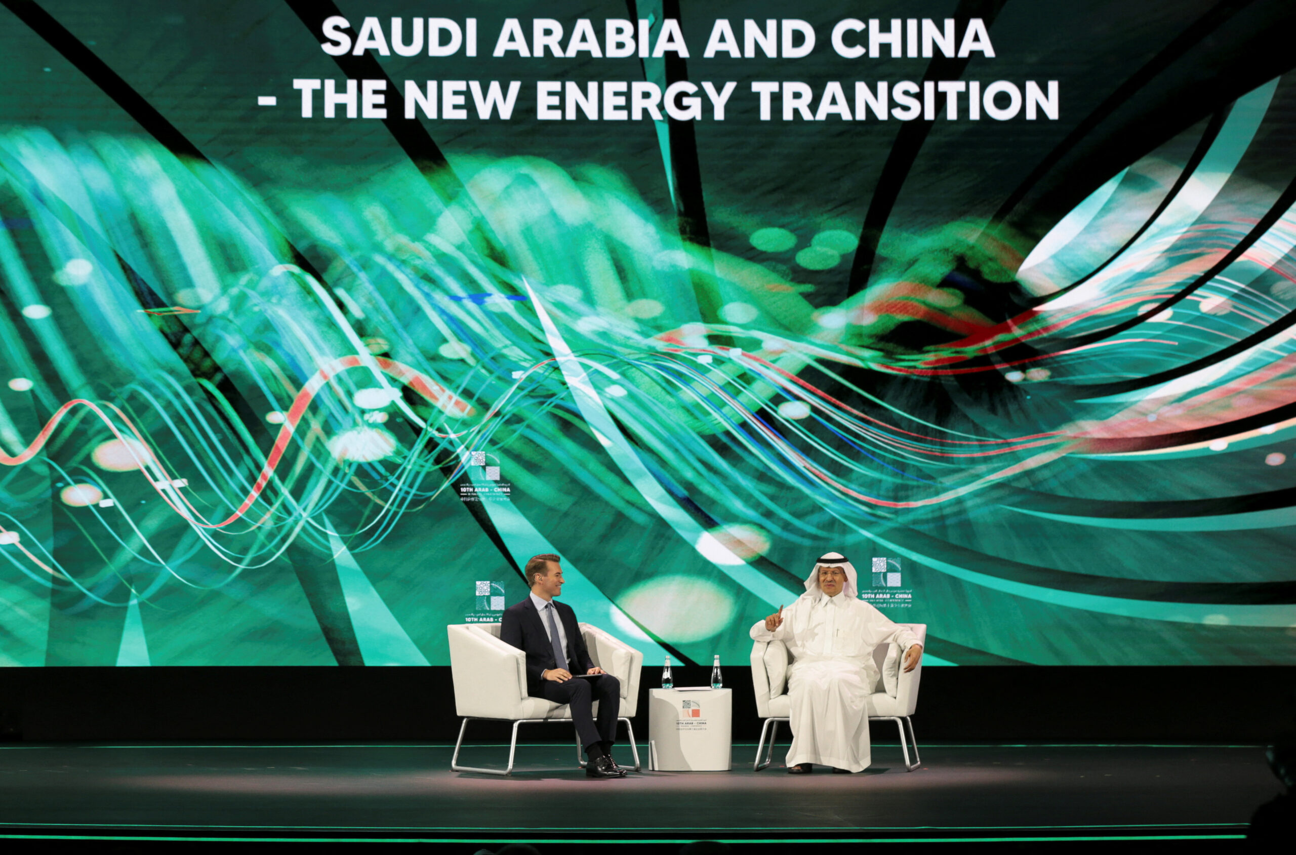 Saudi Arabia's minister of Energy Prince Abdulaziz bin Salman Al-Saud speaks as event moderator Dan Murphy reacts during 10th Arab-China Business Conference in Riyadh, Saudi Arabia, June 11. (REUTERS/Ahmed Yosri)