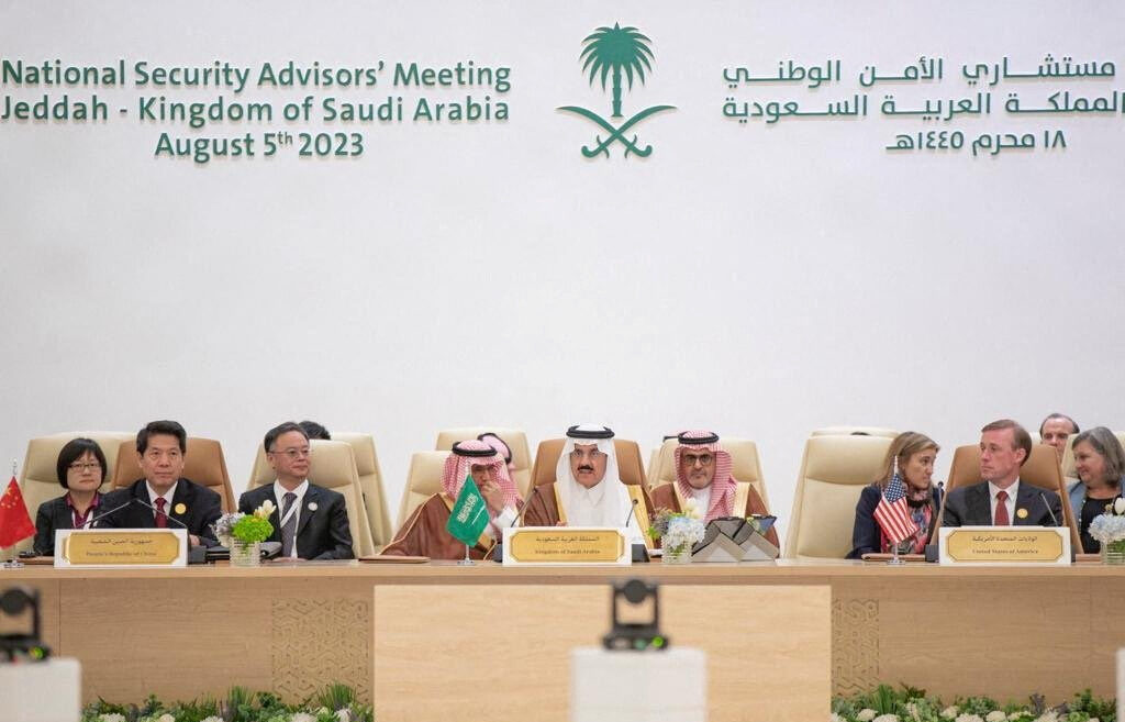 Representatives from China, the United States, and Saudi Arabia attend talks to make a headway toward a peaceful end to Russia's war in Ukraine, in Jeddah, Saudi Arabia, August 6. (Saudi Press Agency/Handout via REUTERS)