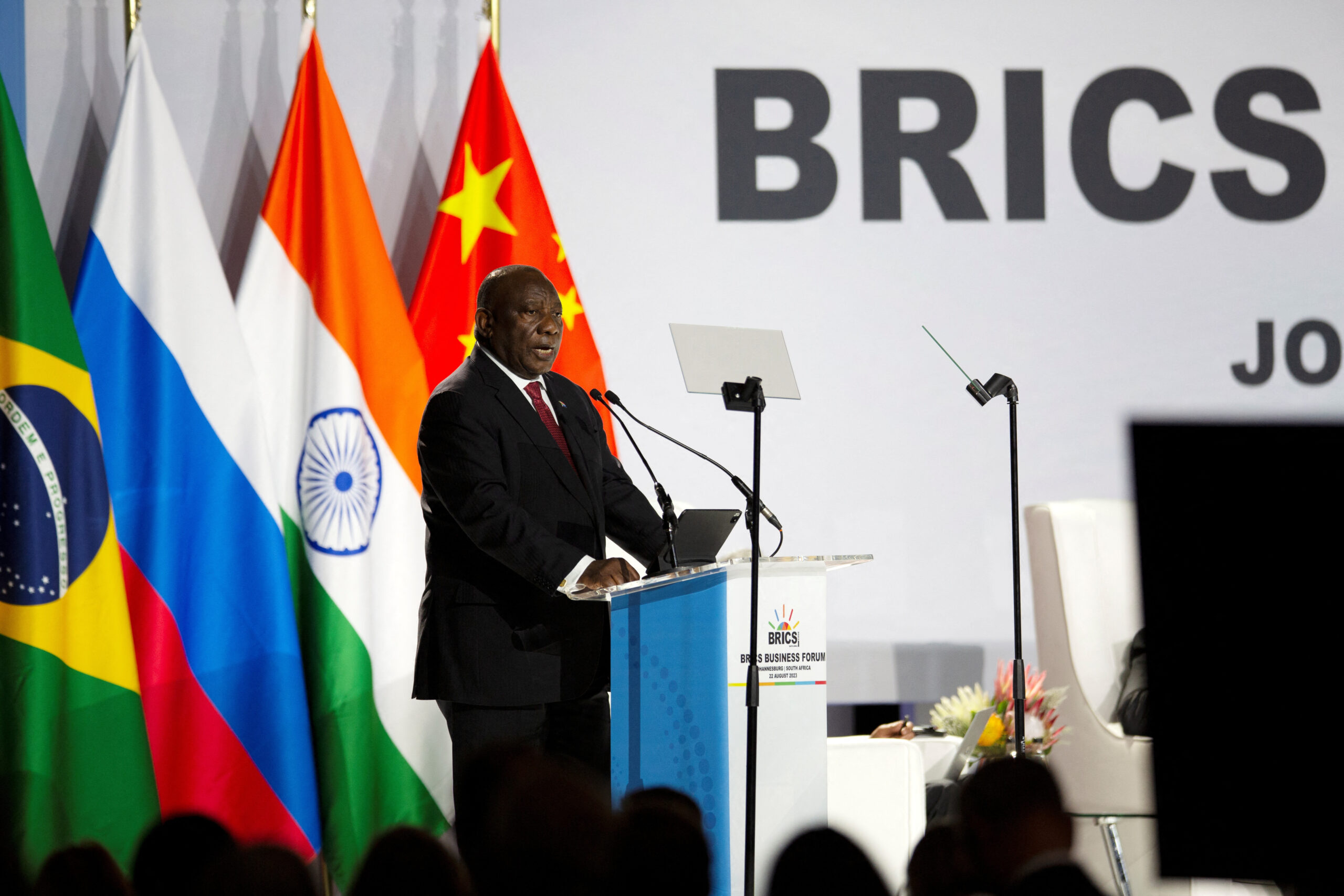 South African President Cyril Ramaphosa delivers his opening remarks at the BRICS Summit in Johannesburg, South Africa, August 22. (REUTERS/James Oatway)