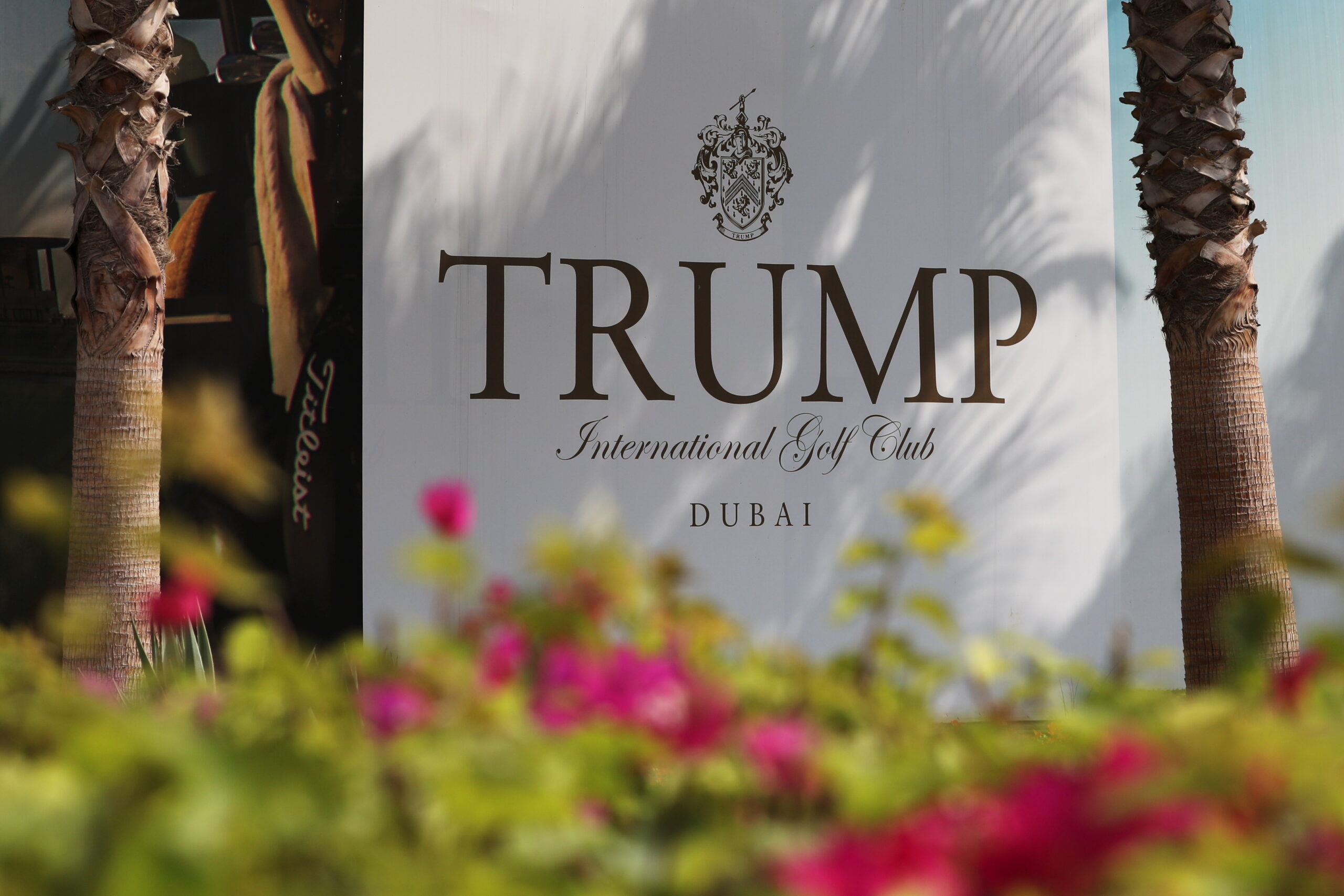 Part of a sign is seen at the entrance of Trump International Golf Club in Dubai, United Arab Emirates, November 8, 2020. (REUTERS/Christopher Pike)