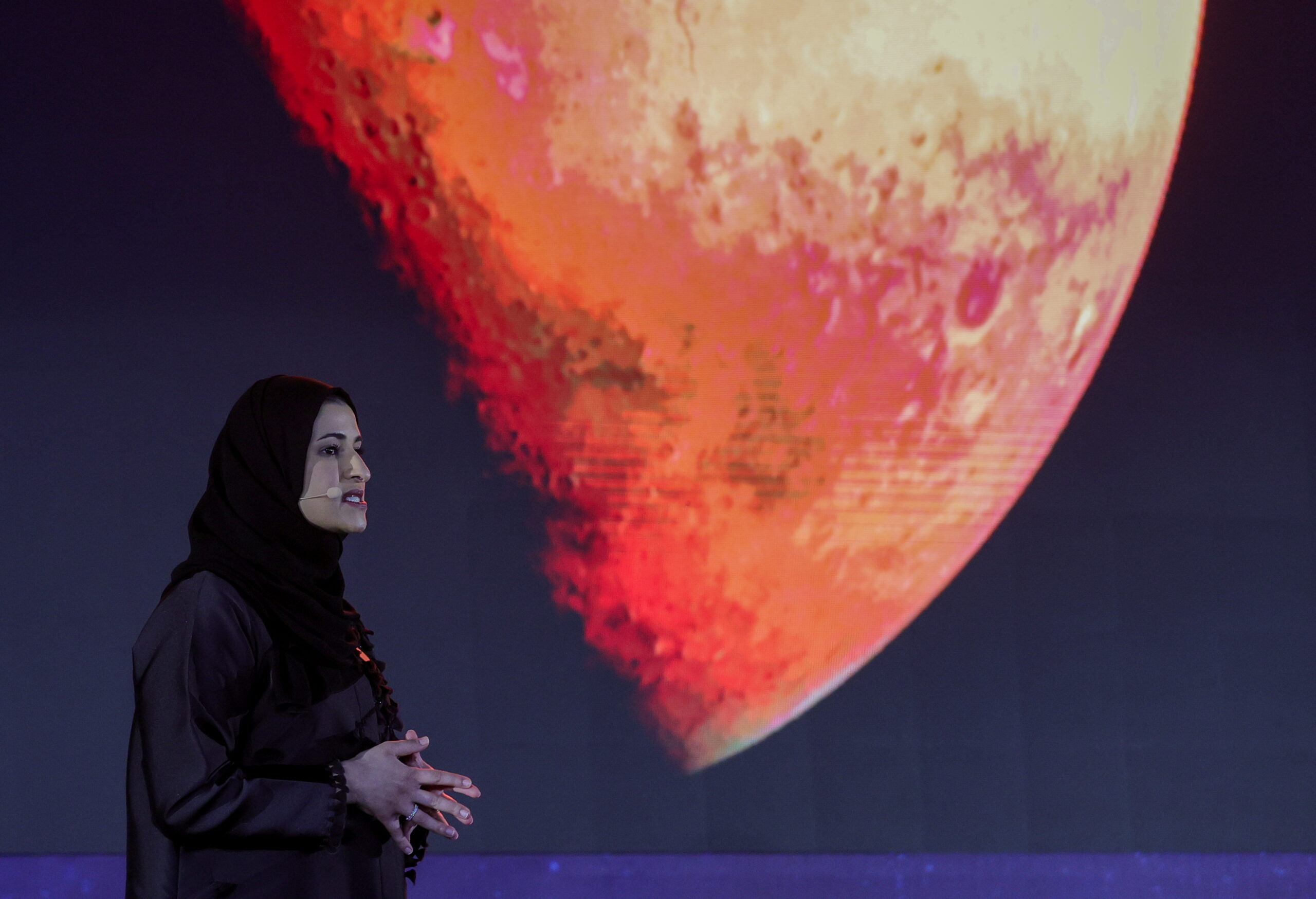 Sarah Al Amiri, UAE minister of state for public education and advanced technology, speaks during an event to mark Hope Probe's entering the orbit of Mars, in Dubai, United Arab Emirates, February 9, 2021. (REUTERS/Christopher Pike)