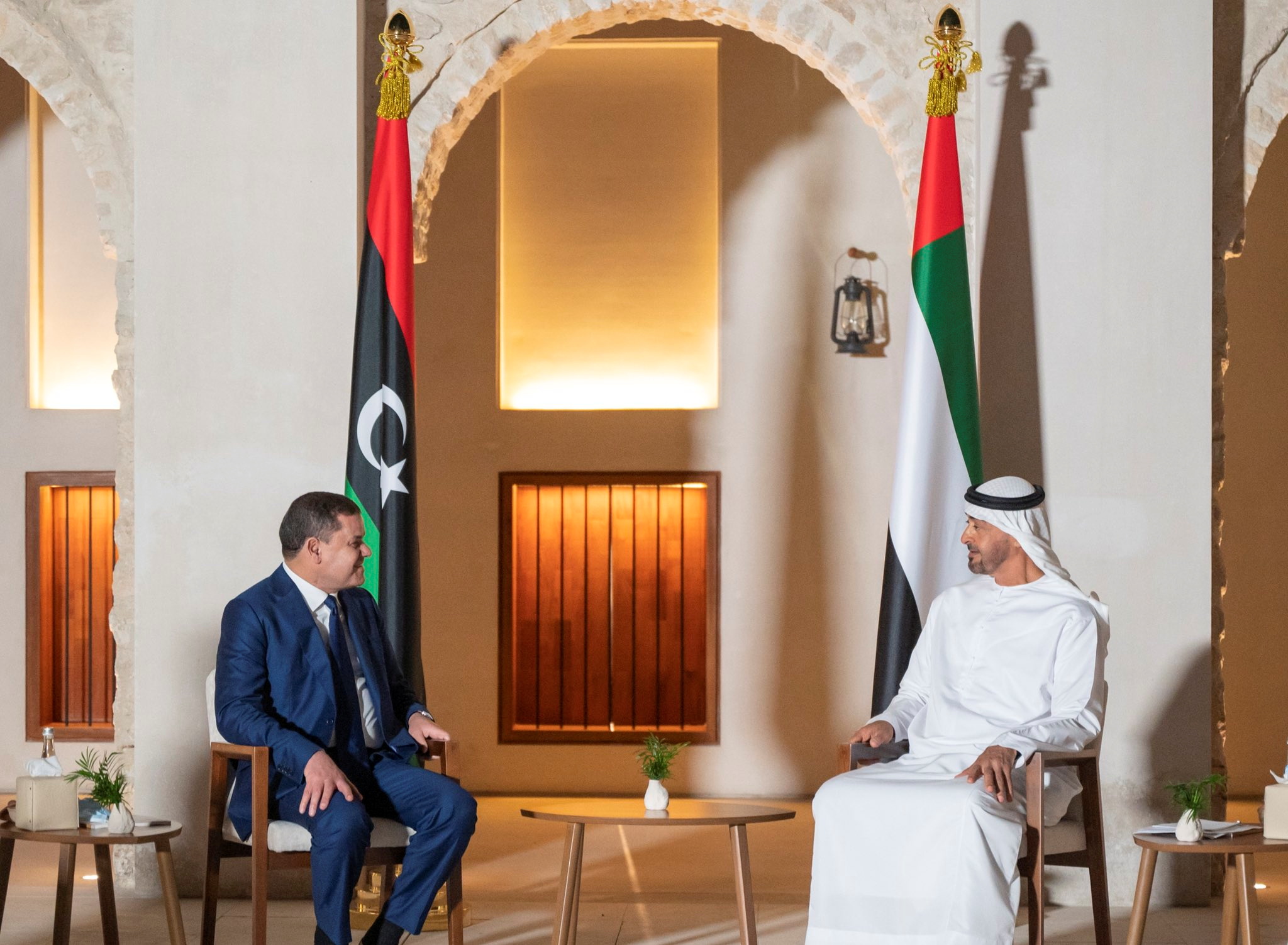 Abu Dhabi's Crown Prince Mohammed bin Zayed al-Nahyan meets with Libyan Prime Minister Abdulhamid Dbeibah in Abu Dhabi, United Arab Emirates, April 7. (WAM/Handout via REUTERS)