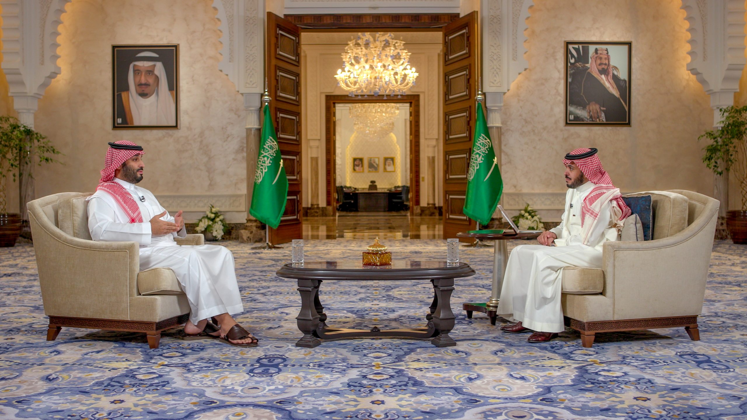 Saudi Crown Prince Mohammed Bin Salman speaks during a televised interview in Riyadh, Saudi Arabia, April 27, 2021. Picture taken April 27, 2021. Bandar Algaloud/Courtesy of Saudi Royal Court/Handout via REUTERS ATTENTION EDITORS - THIS PICTURE WAS PROVIDED BY A THIRD PARTY - RC2O4N93MOQN