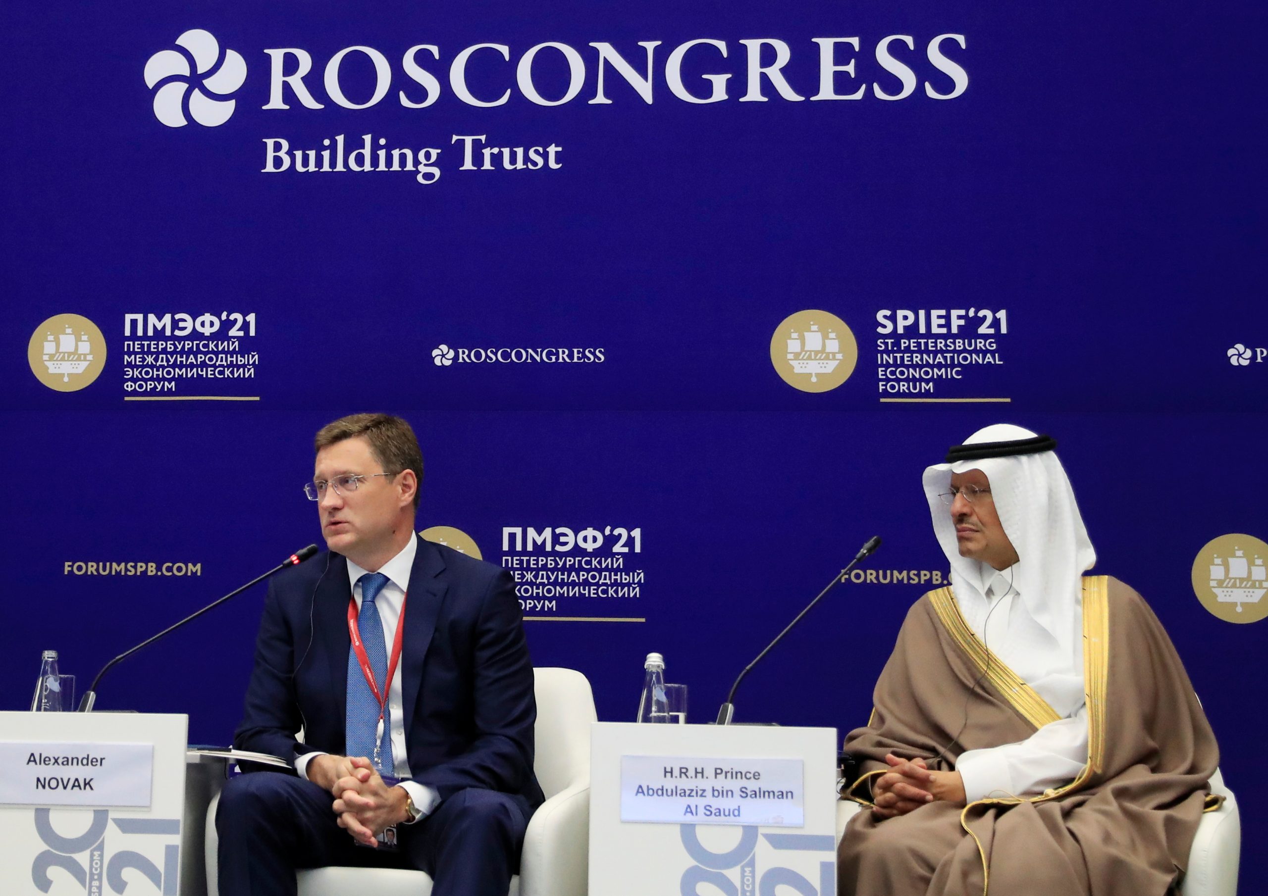 Saudi Energy Minister Prince Abdulaziz bin Salman, right, and Russian Deputy Prime Minister Alexander Novak attend a session of the Saint Petersburg International Economic Forum, Saint Petersburg, Russia, June 3. (REUTERS/Evgenia Novozhenina)