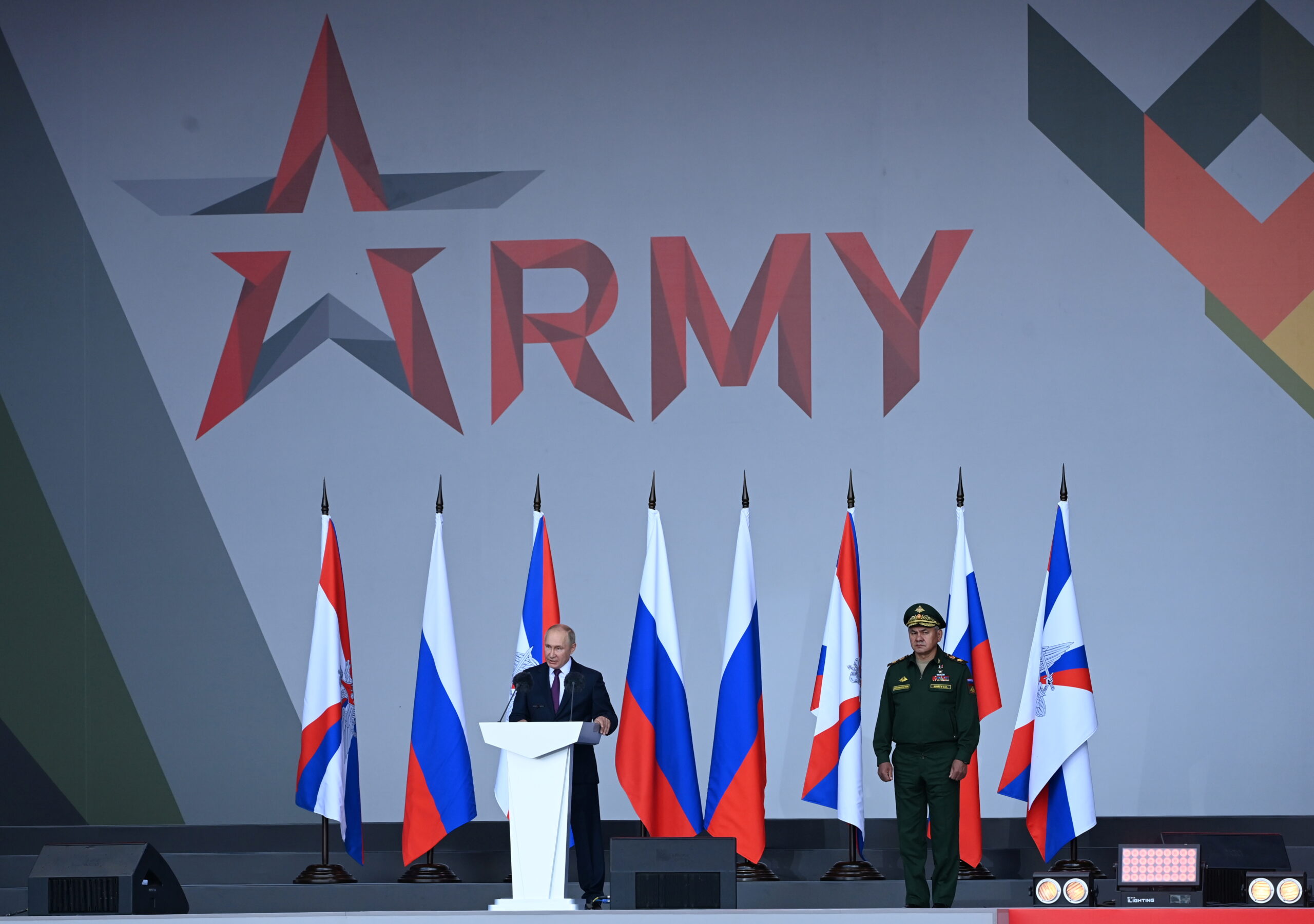 Russian President Vladimir Putin, left, and Defense Minister Sergei Shoigu attend the opening ceremony of the International Military-Technical Forum 'Army-2021,' Moscow, Russia, August 23. (Kirill Kudryavtsev/Pool via REUTERS)
