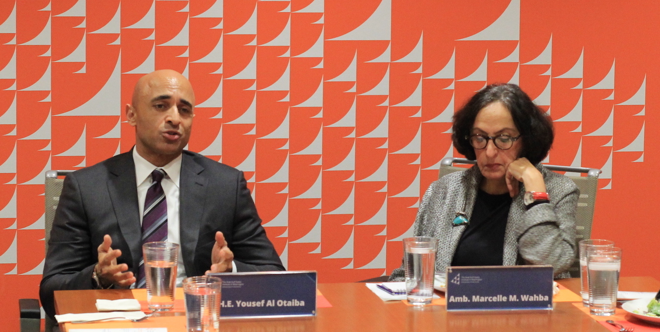 H.E. Yousef Al Otaiba, United Arab Emirates Ambassador to the United States, left, and Ambassador Marcelle Wahba, right, speaking at an AGSIW event.